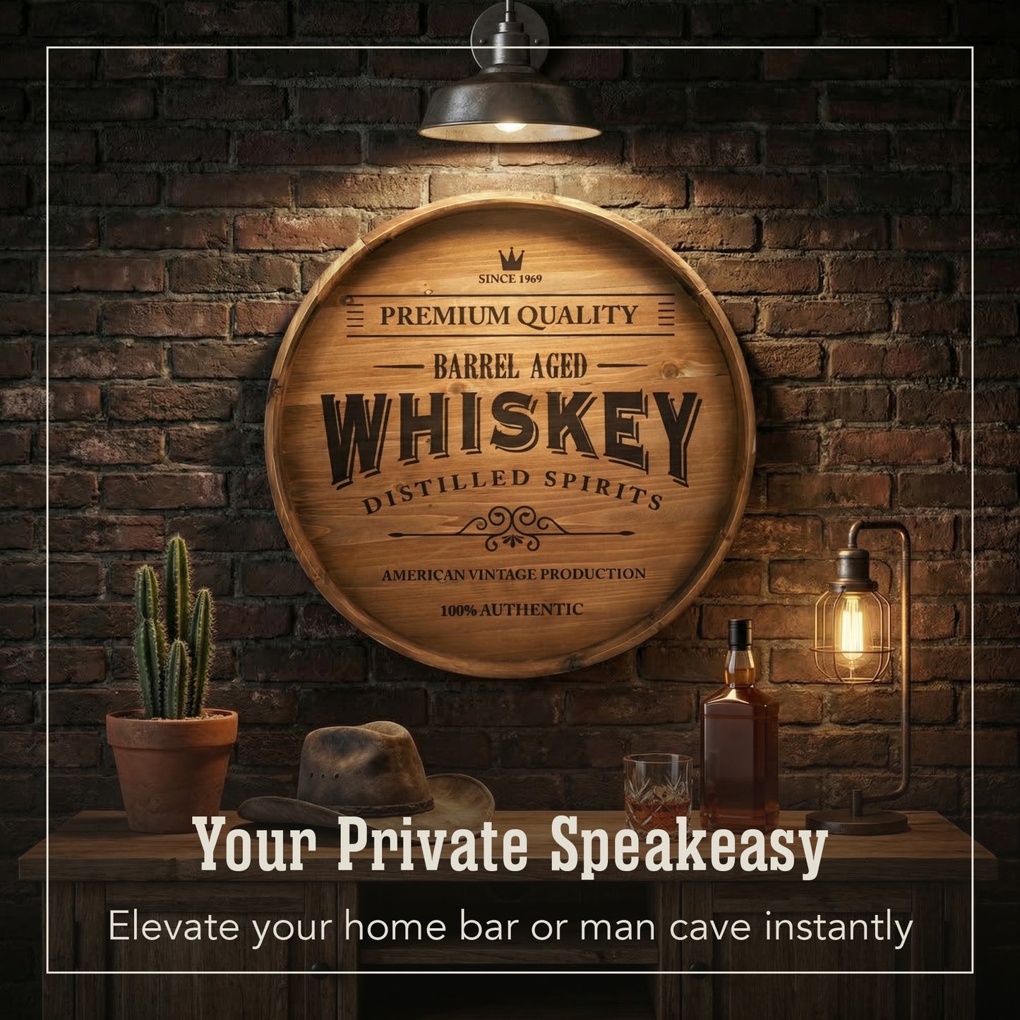 round whiskey barrel style framed plaque wall decor with vintage typography, rustic bar sign wall art for man cave, home bar, or garage