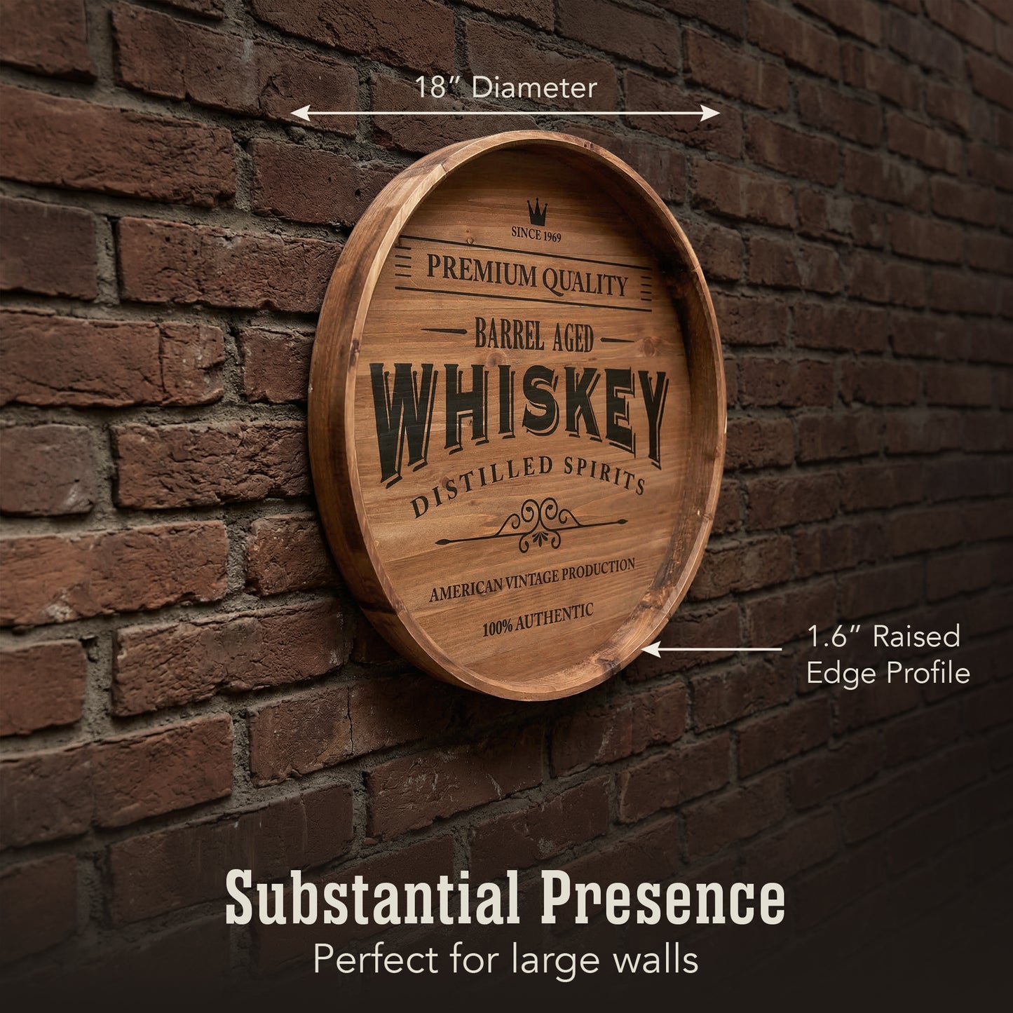 round whiskey barrel style framed plaque wall decor with vintage typography, rustic bar sign wall art for man cave, home bar, or garage