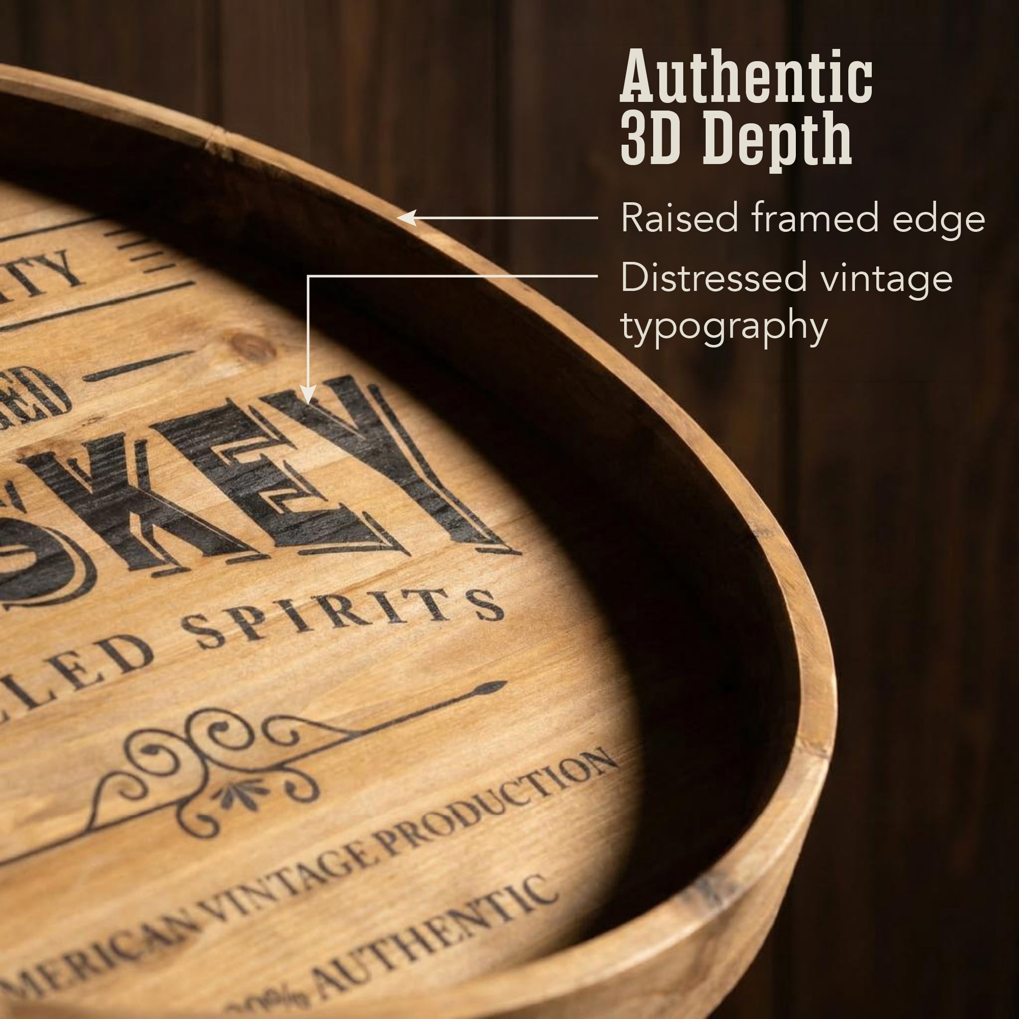 round whiskey barrel style framed plaque wall decor with vintage typography, rustic bar sign wall art for man cave, home bar, or garage