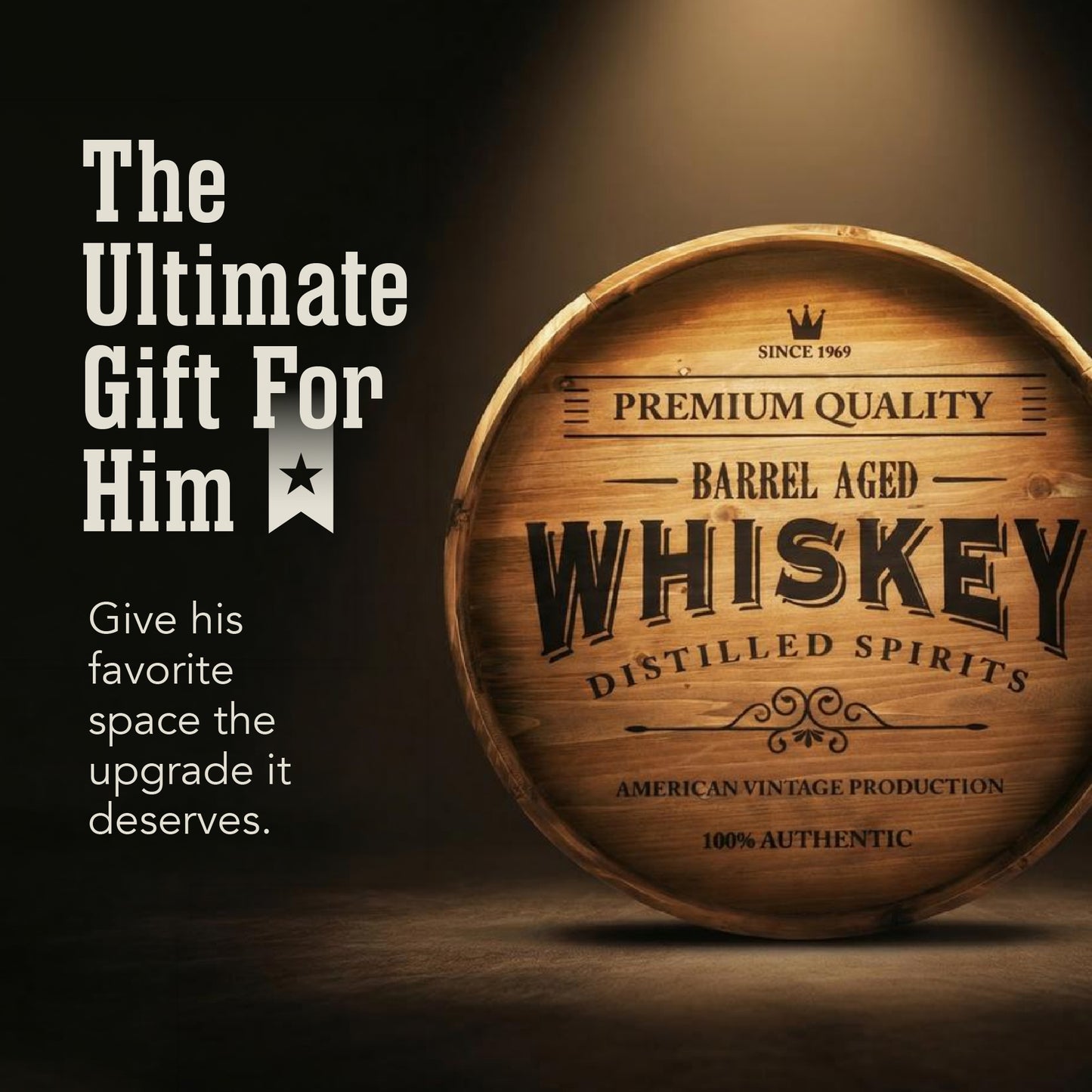 round whiskey barrel style framed plaque wall decor with vintage typography, rustic bar sign wall art for man cave, home bar, or garage