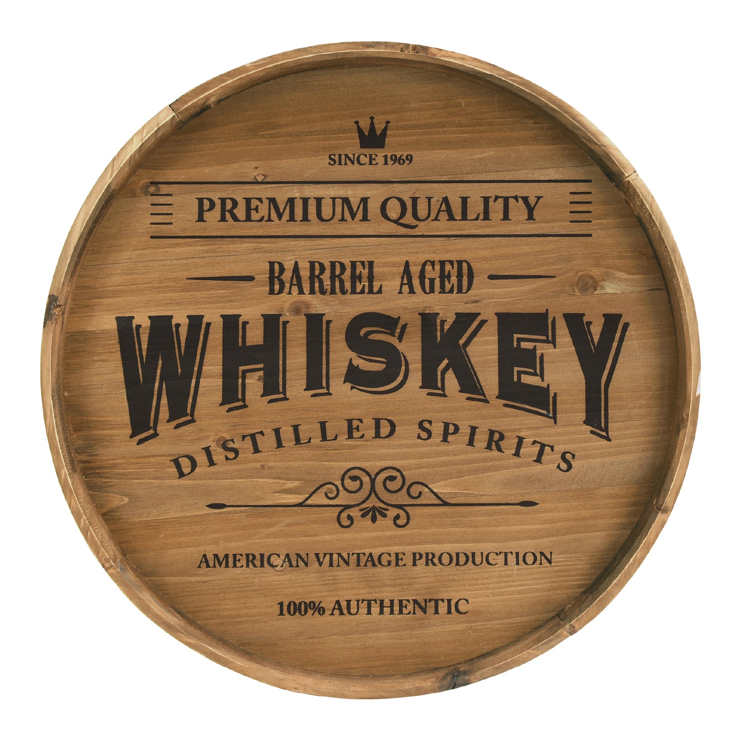 round whiskey barrel style framed plaque wall decor with vintage typography, rustic bar sign wall art for man cave, home bar, or garage