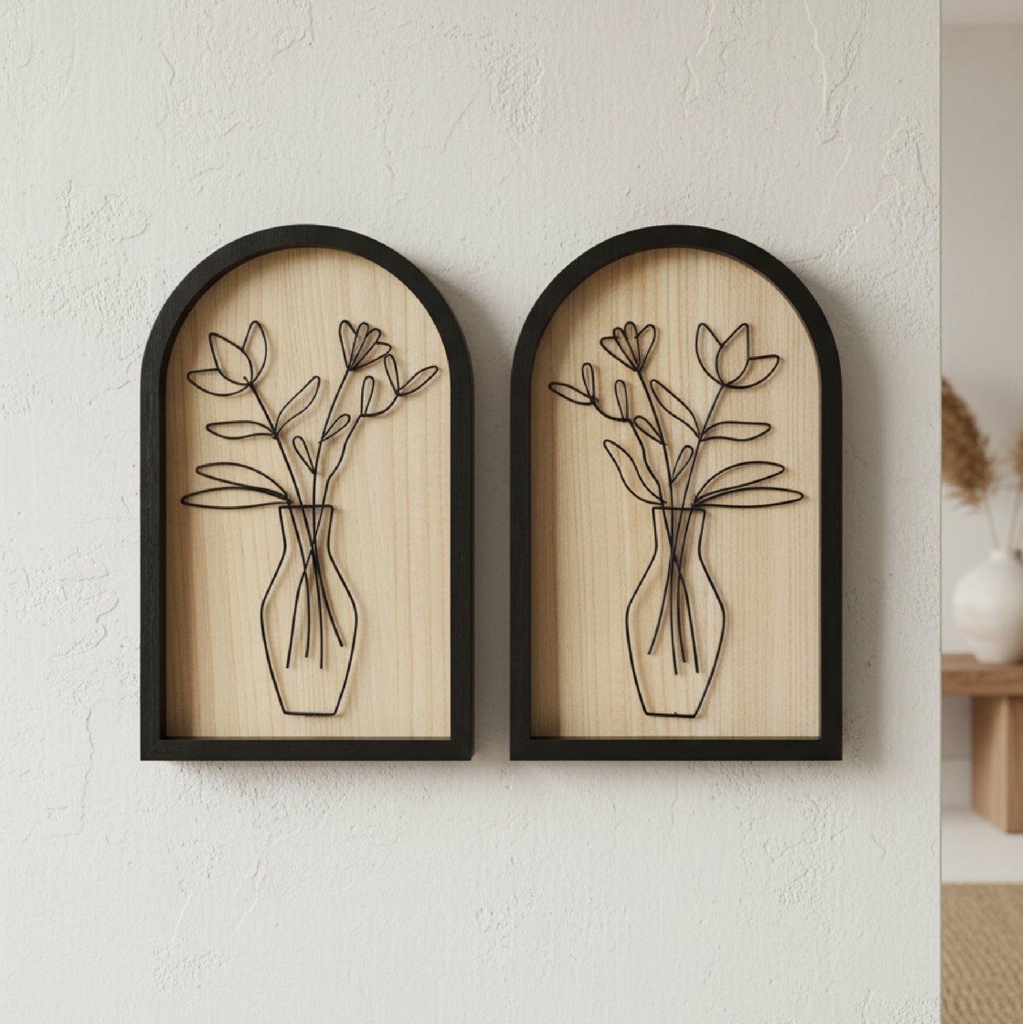 black arched framed metal wire bouquet wall art set of two with natural wood veneer backing, floral decorative wall sculpture for living room or bedroom