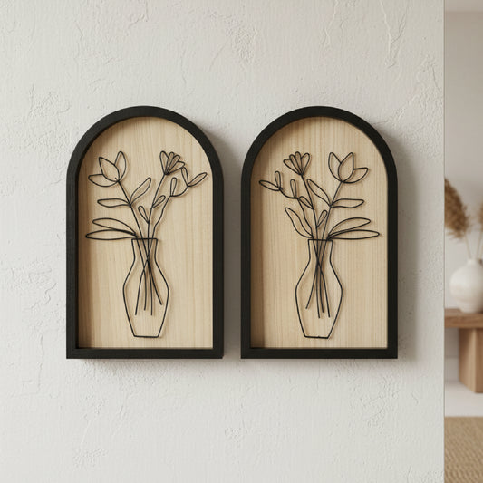black arched framed metal wire bouquet wall art set of two with natural wood veneer backing, floral decorative wall sculpture for living room or bedroom
