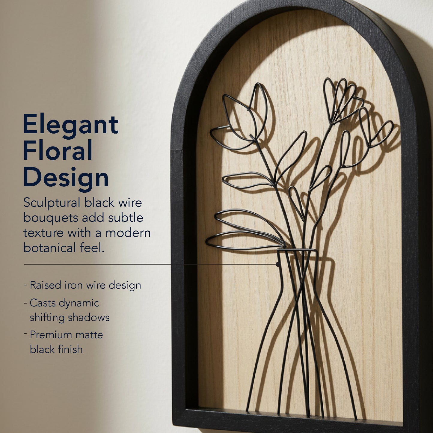 black arched framed metal wire bouquet wall art set of two with natural wood veneer backing, floral decorative wall sculpture for living room or bedroom