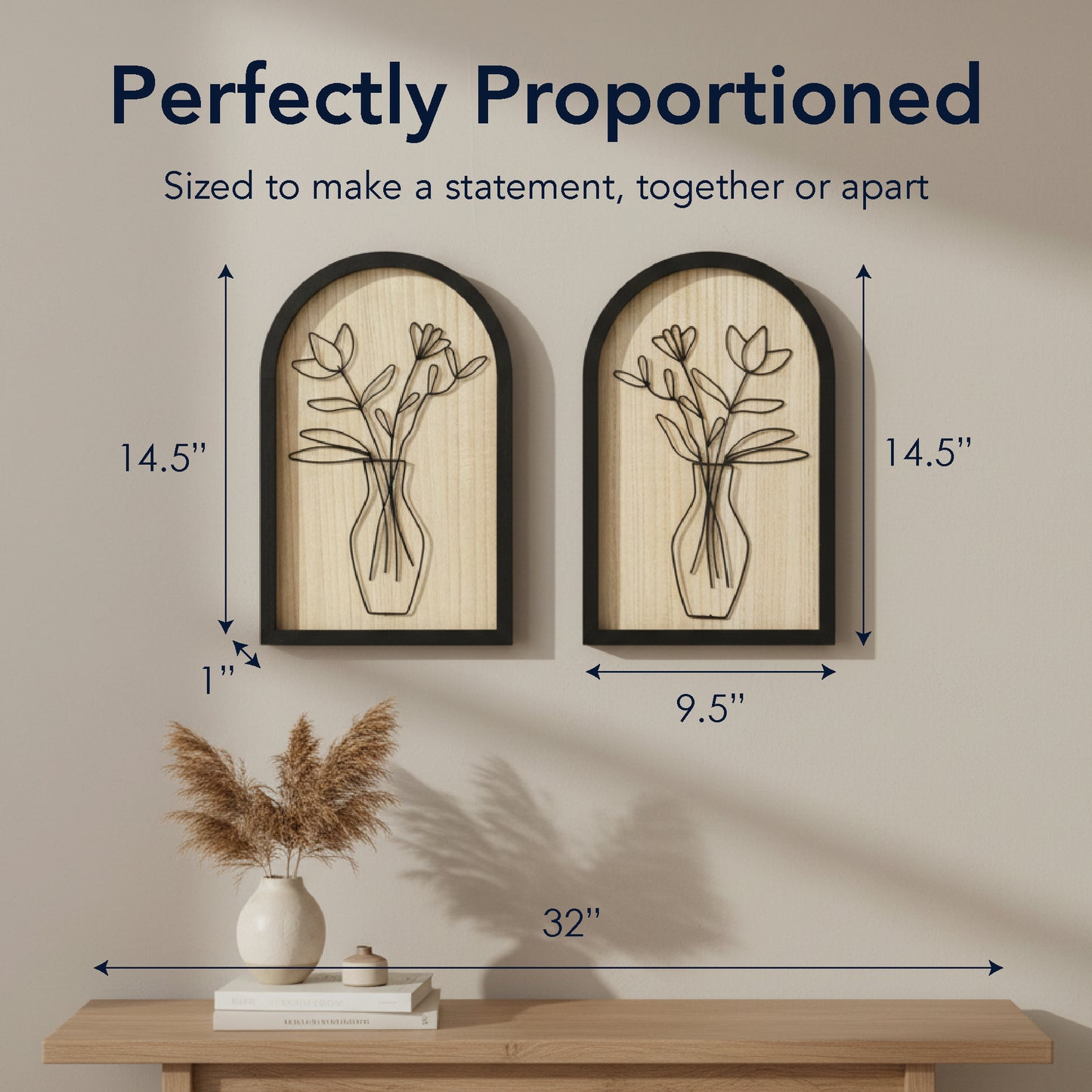 black arched framed metal wire bouquet wall art set of two with natural wood veneer backing, floral decorative wall sculpture for living room or bedroom