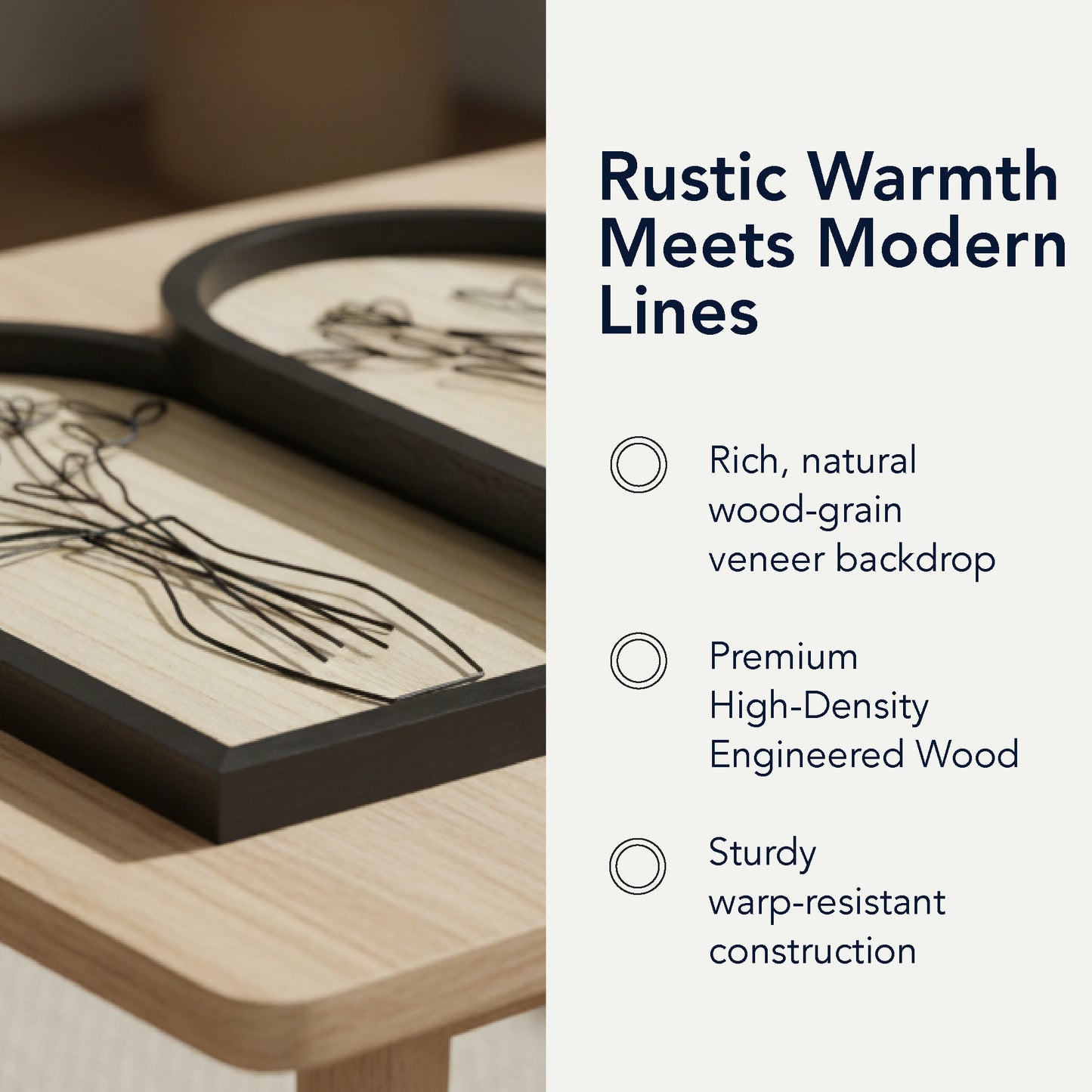 black arched framed metal wire bouquet wall art set of two with natural wood veneer backing, floral decorative wall sculpture for living room or bedroom