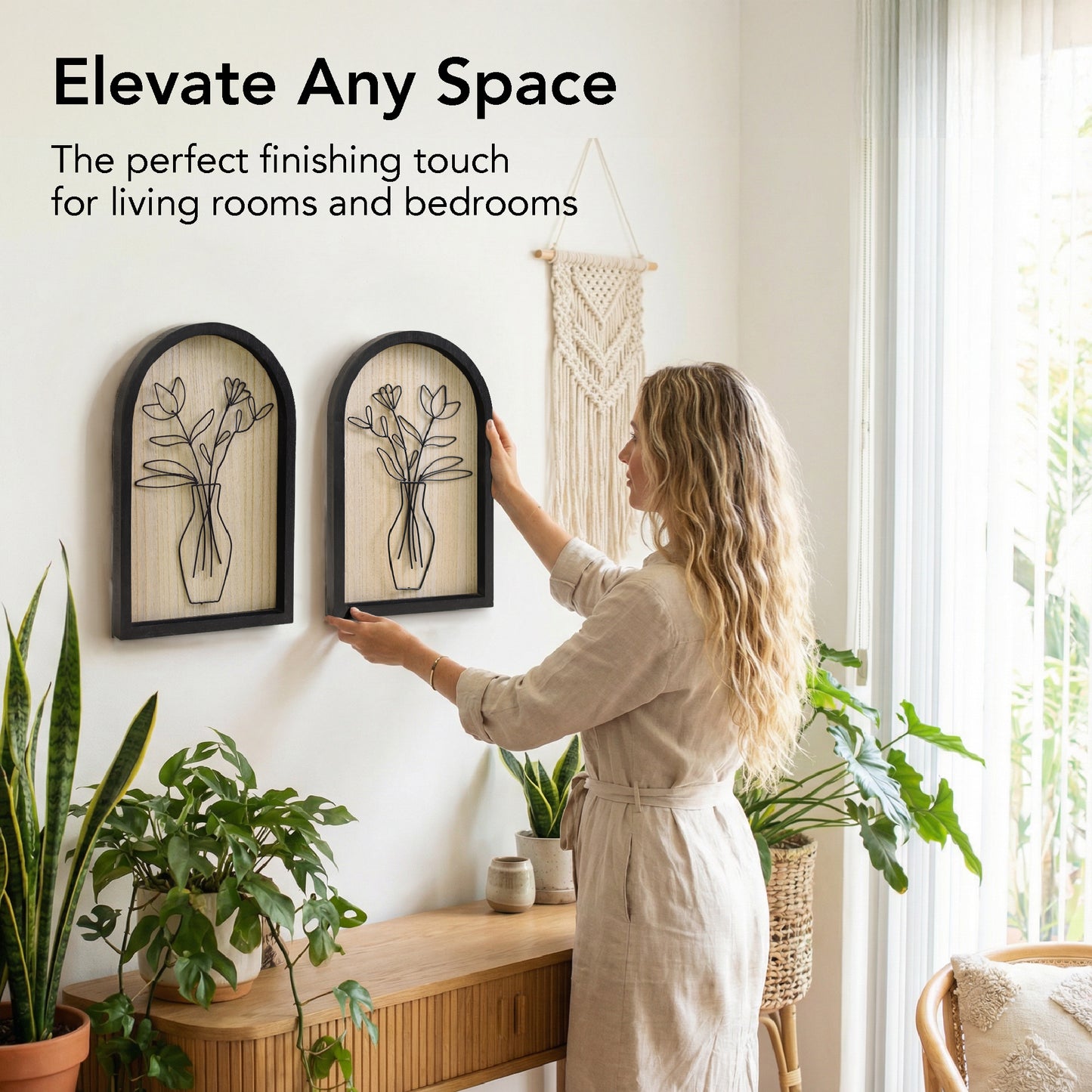 black arched framed metal wire bouquet wall art set of two with natural wood veneer backing, floral decorative wall sculpture for living room or bedroom