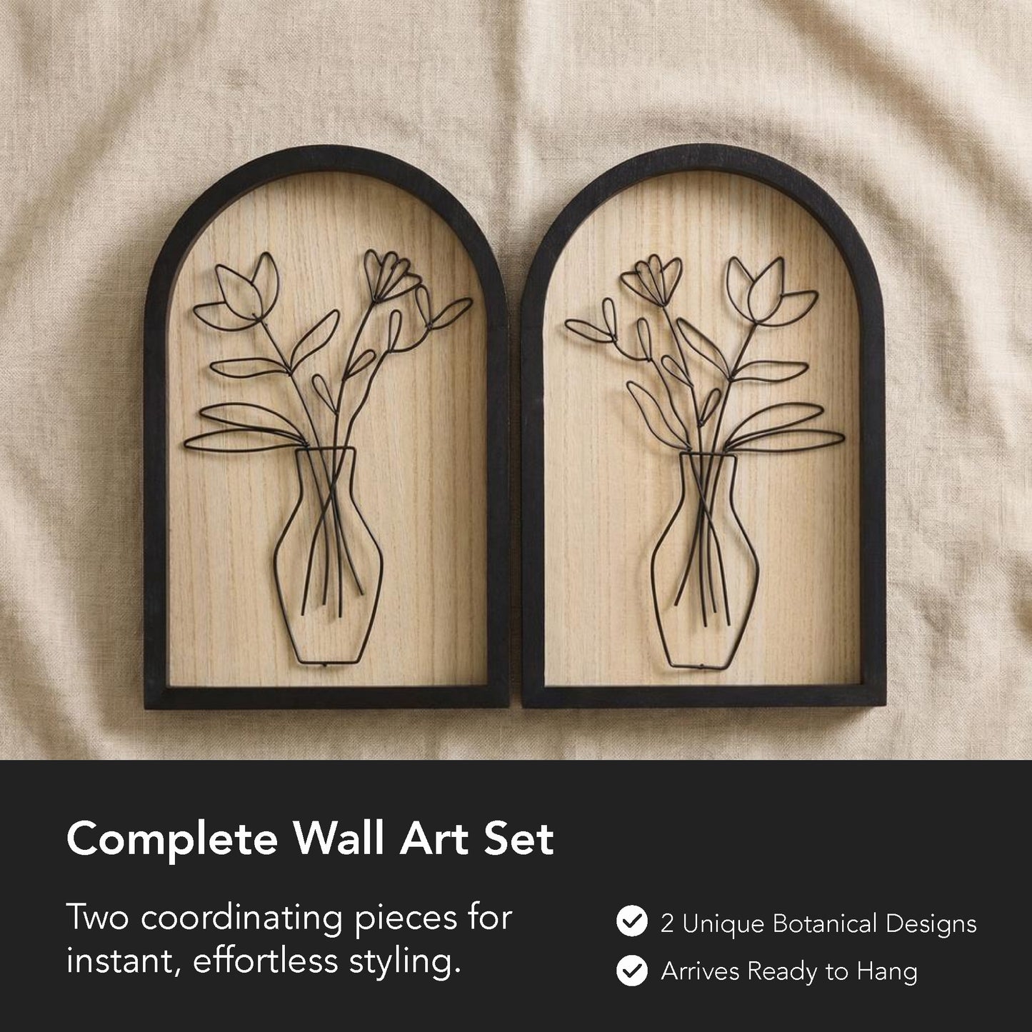 black arched framed metal wire bouquet wall art set of two with natural wood veneer backing, floral decorative wall sculpture for living room or bedroom