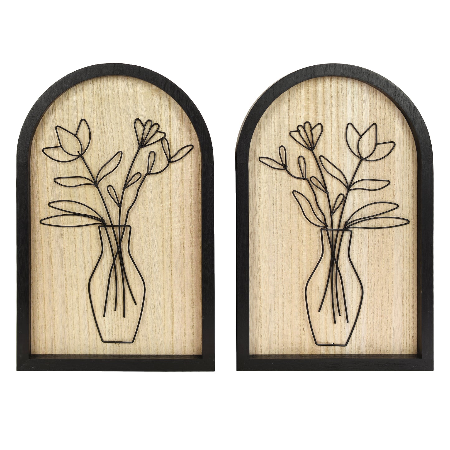 black arched framed metal wire bouquet wall art set of two with natural wood veneer backing, floral decorative wall sculpture for living room or bedroom