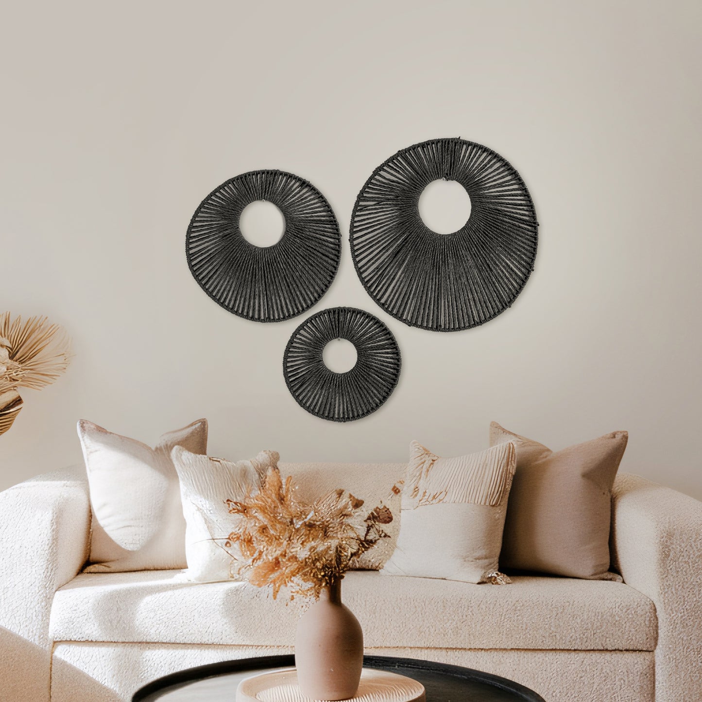 Round Paper Rope Wall Decor Set of 3 - Black