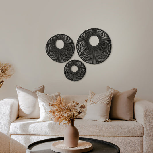 Round Paper Rope Wall Decor Set of 3 - Black