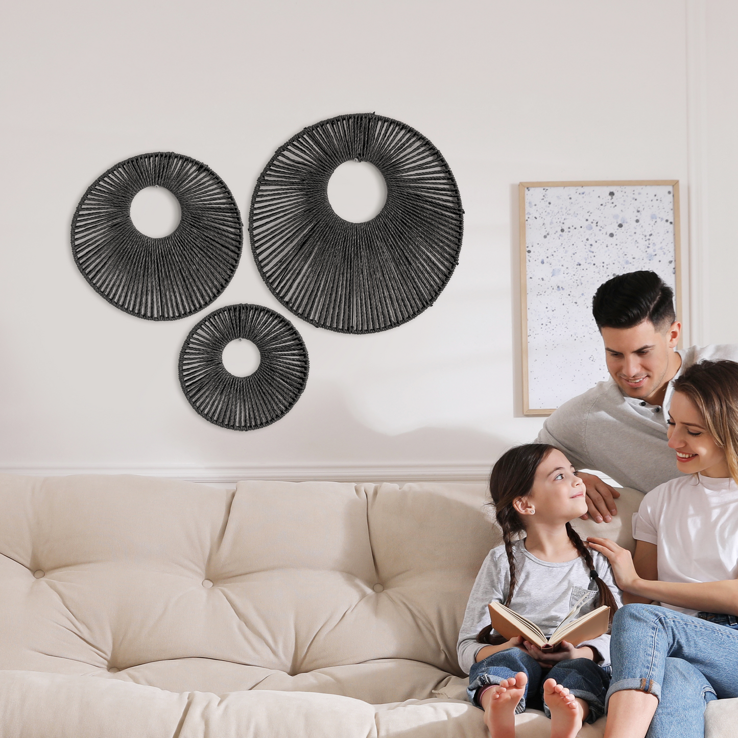 Round Paper Rope Wall Decor Set of 3 - Black