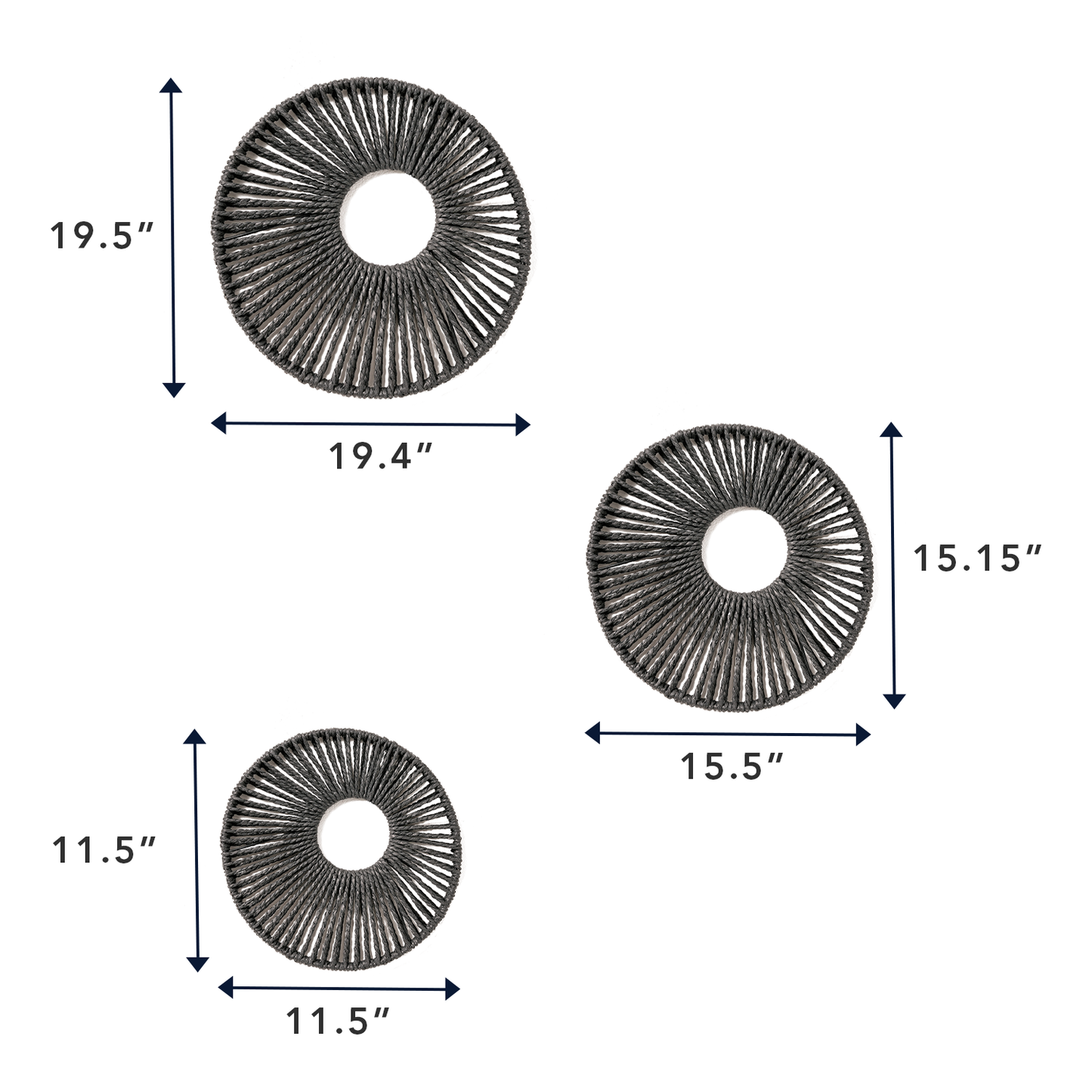 Round Paper Rope Wall Decor Set of 3 - Black