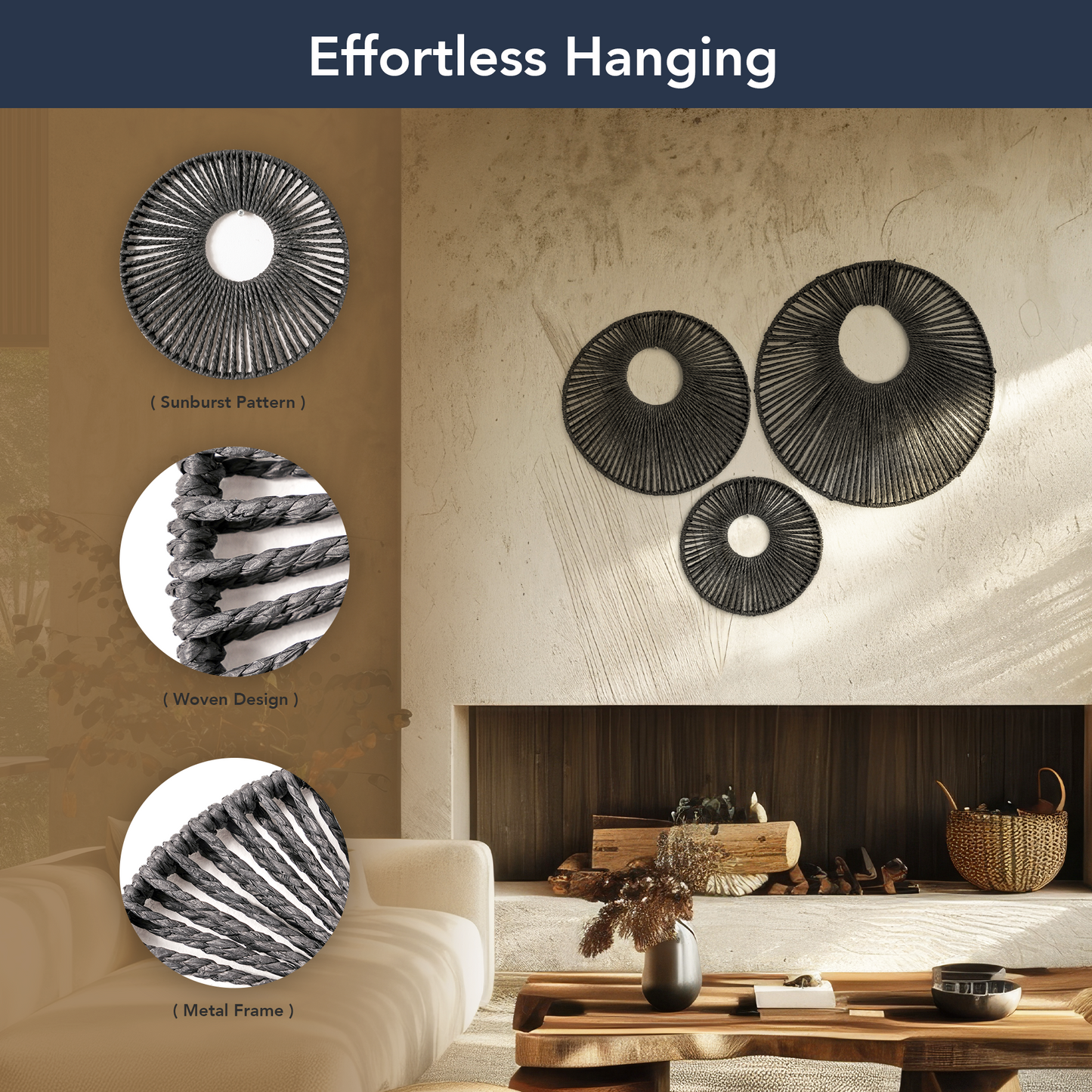 Round Paper Rope Wall Decor Set of 3 - Black