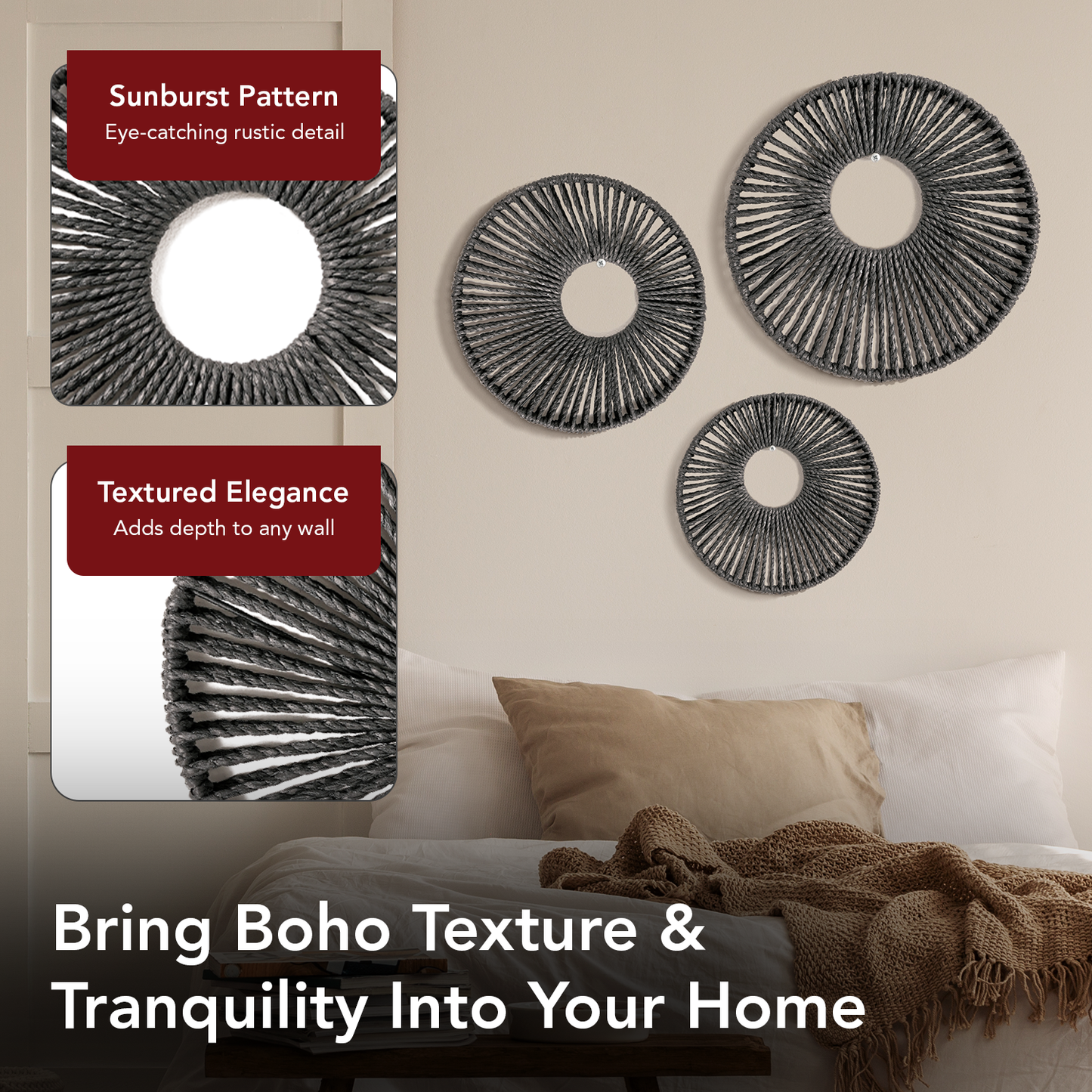 Round Paper Rope Wall Decor Set of 3 - Black