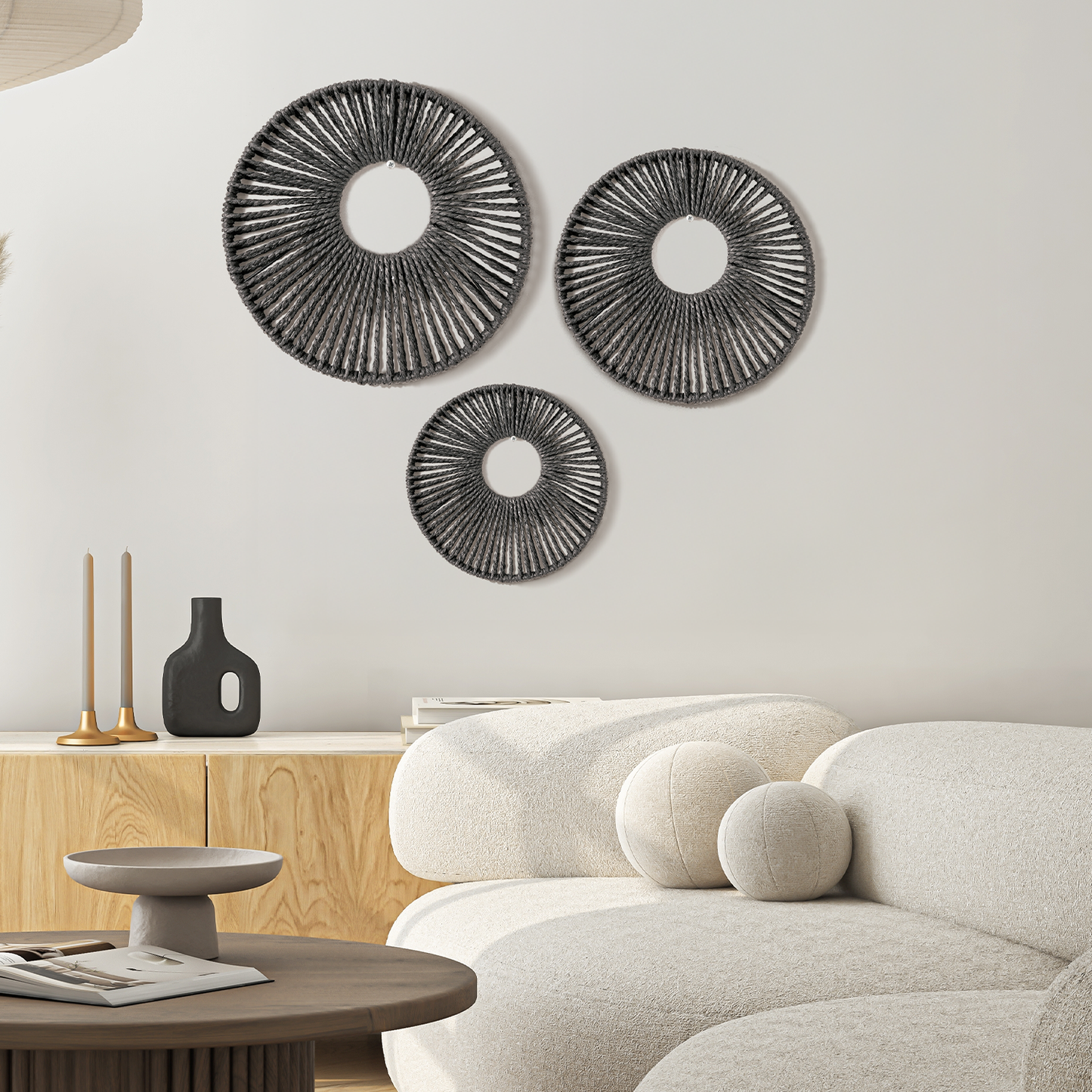 Round Paper Rope Wall Decor Set of 3 - Black