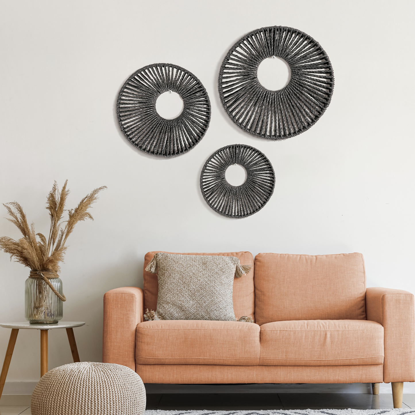 Round Paper Rope Wall Decor Set of 3 - Black
