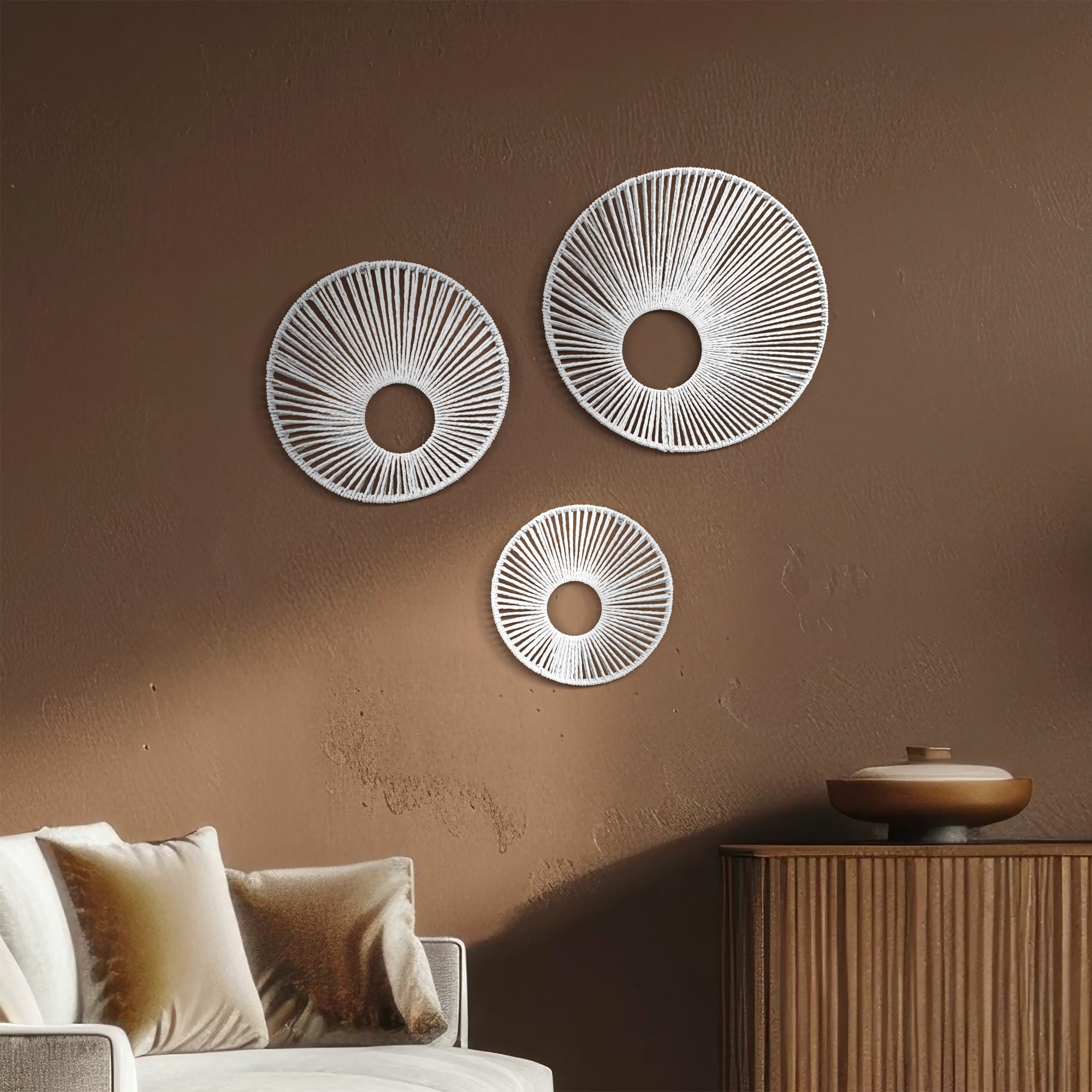 Round Paper Rope Wall Decor Set of 3 - White | AmericanArtDecor.com