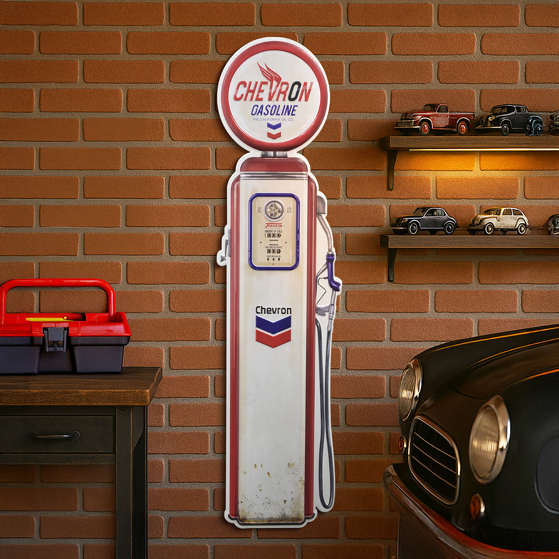 Chevron Oil Vintage Gas Pump Metal Sign - Retro Garage Decor