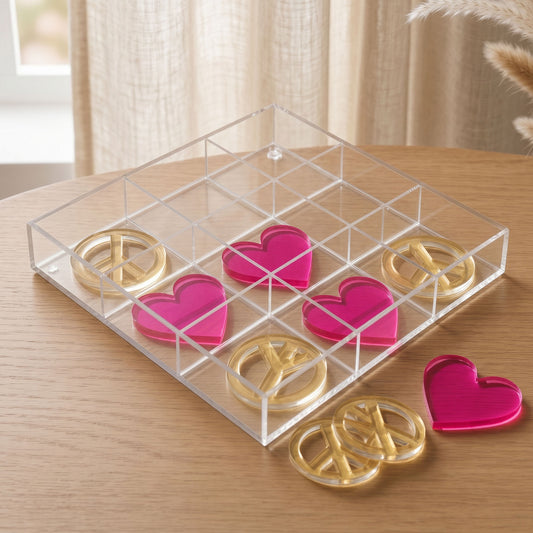 Acrylic Tic Tac Toe Board Game Set Peace & Heart Signs - Coffee Table Decor - Family, Kids & Adult Tabletop Puzzles for Game Night, Pink/Yellow, 10" x 10"