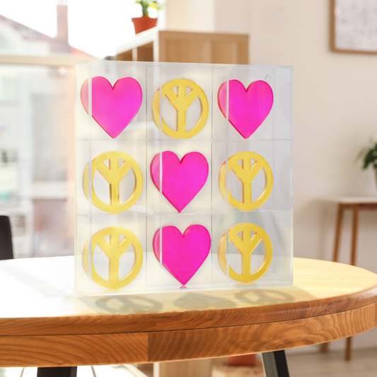 Acrylic Tic Tac Toe Board Game Set Peace & Heart Signs - Coffee Table Decor - Family, Kids & Adult Tabletop Puzzles for Game Night, Pink/Yellow, 10" x 10"