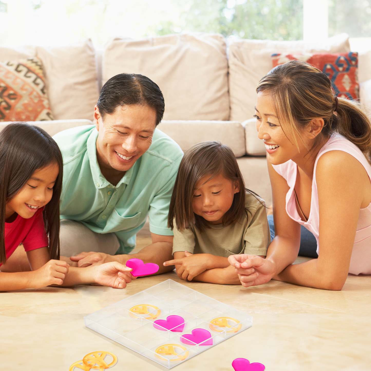 Acrylic Tic Tac Toe Board Game Set Peace & Heart Signs - Coffee Table Decor - Family, Kids & Adult Tabletop Puzzles for Game Night, Pink/Yellow, 10" x 10"