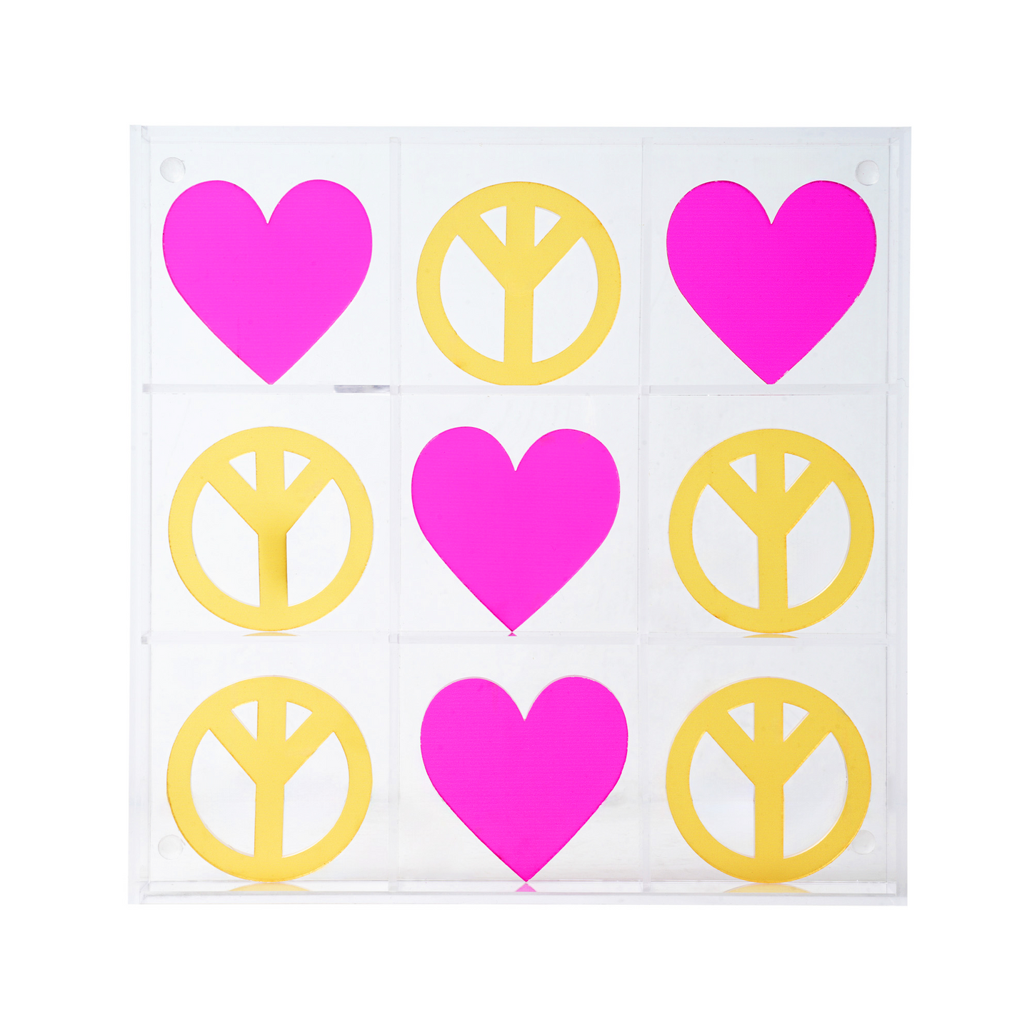 Acrylic Tic Tac Toe Board Game Set Peace & Heart Signs - Coffee Table Decor - Family, Kids & Adult Tabletop Puzzles for Game Night, Pink/Yellow, 10" x 10"