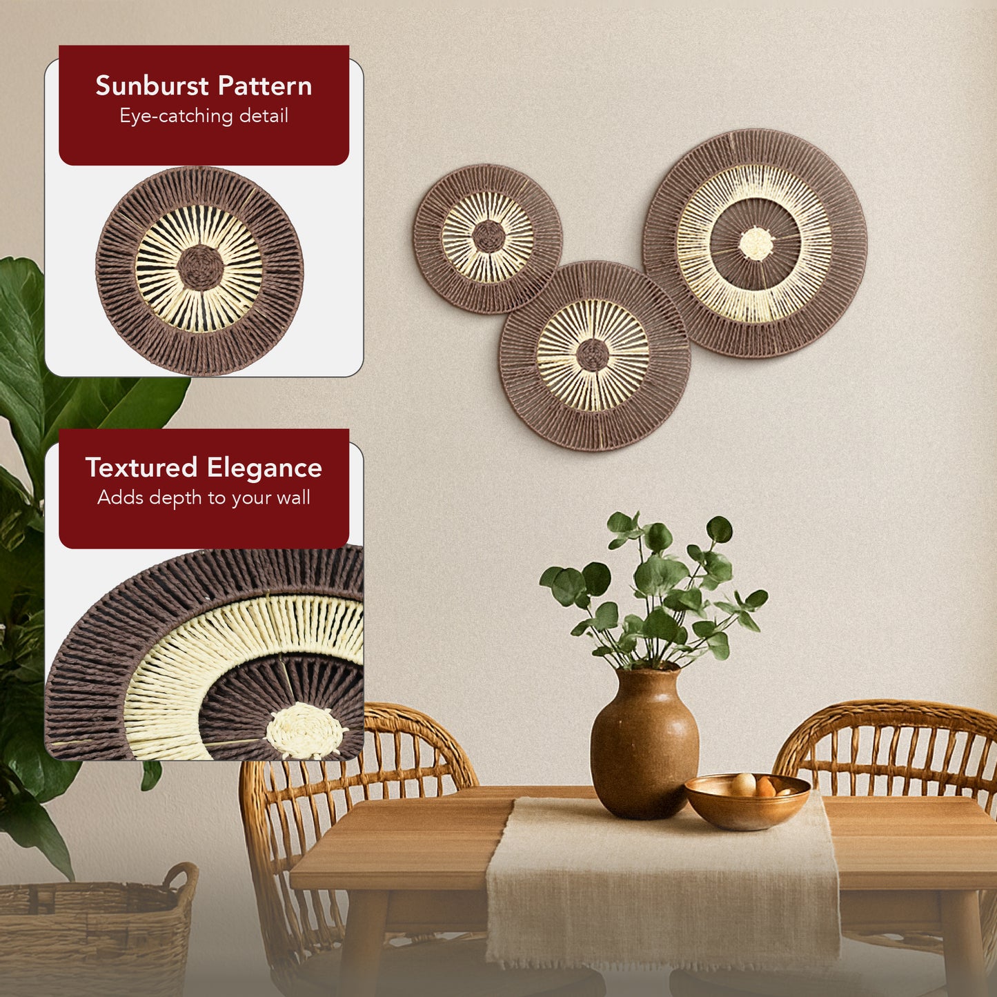 Paper Rope Wall Decor Set of 3 Natural - Boho Wall Art, Farmhouse Basket Style