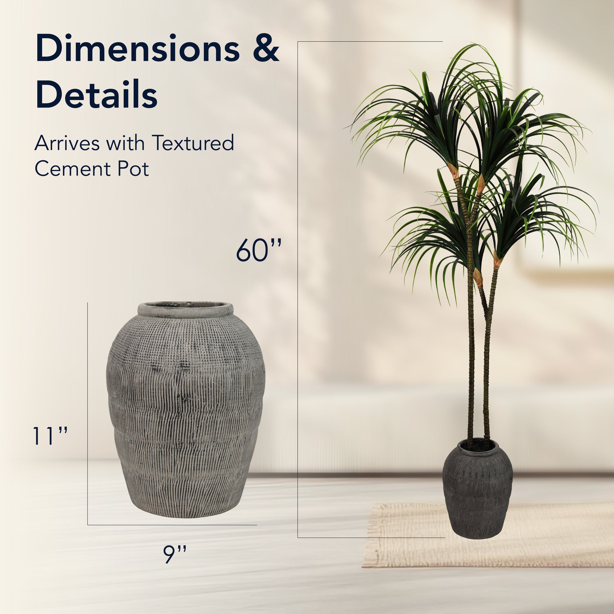 Artificial Dragon Tree in Cement Pot Faux Plant for Home or Office - 60