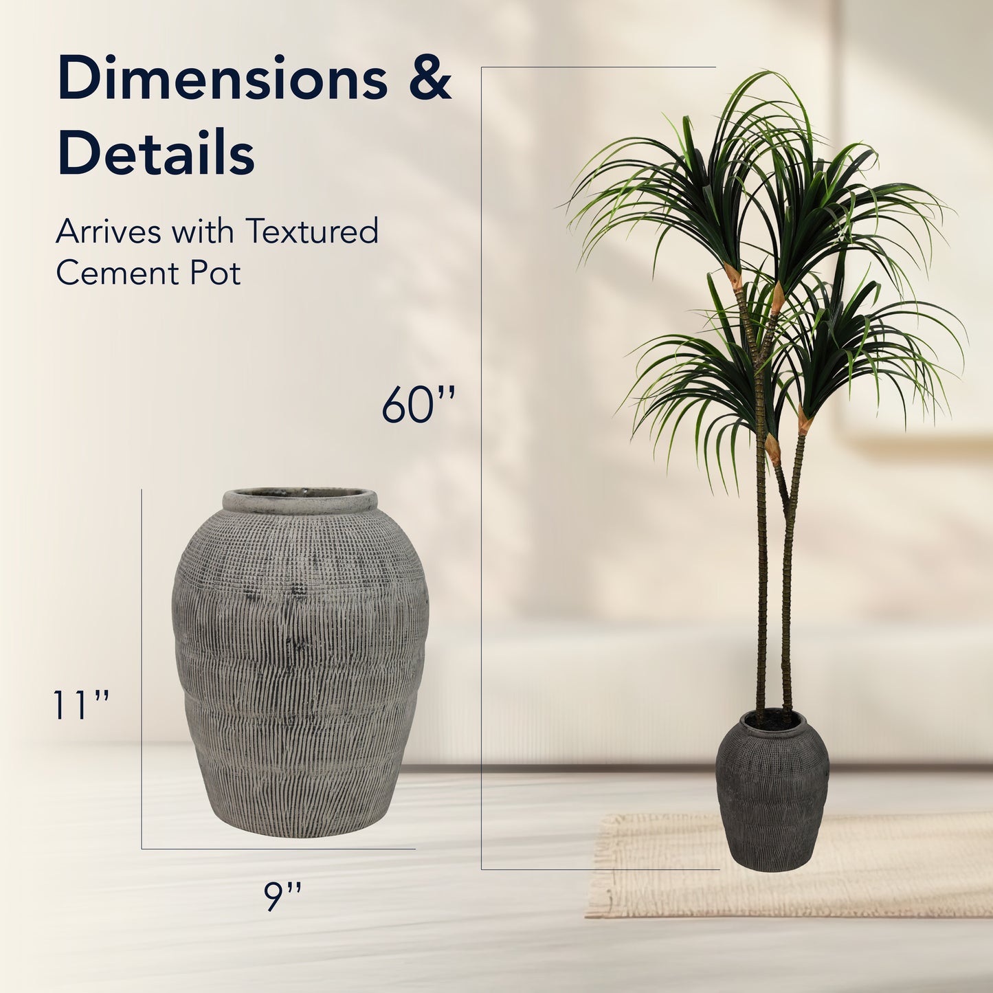 Artificial Dragon Tree in Cement Pot Faux Plant for Home or Office - 60"