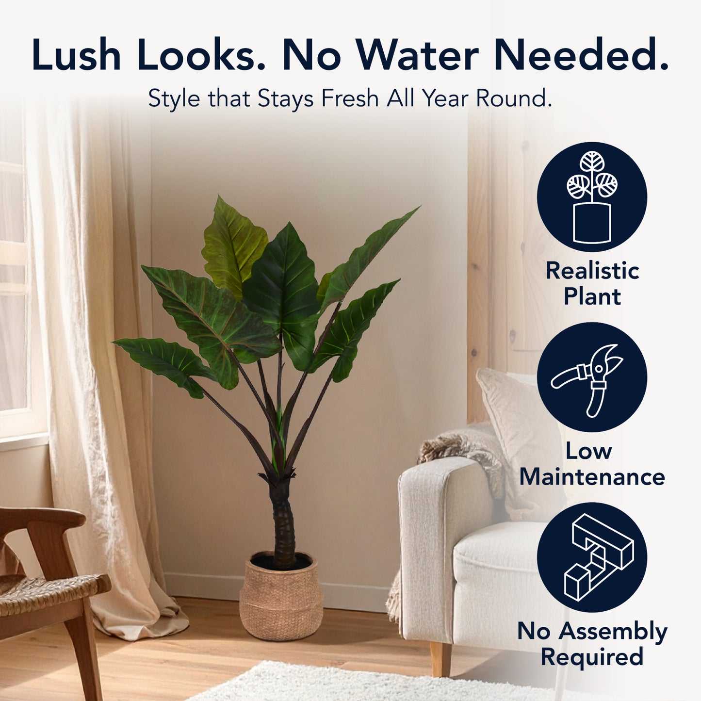 Artificial Rainbow Taro Tree in Cement Pot Faux Plant for Home or Office - 48"