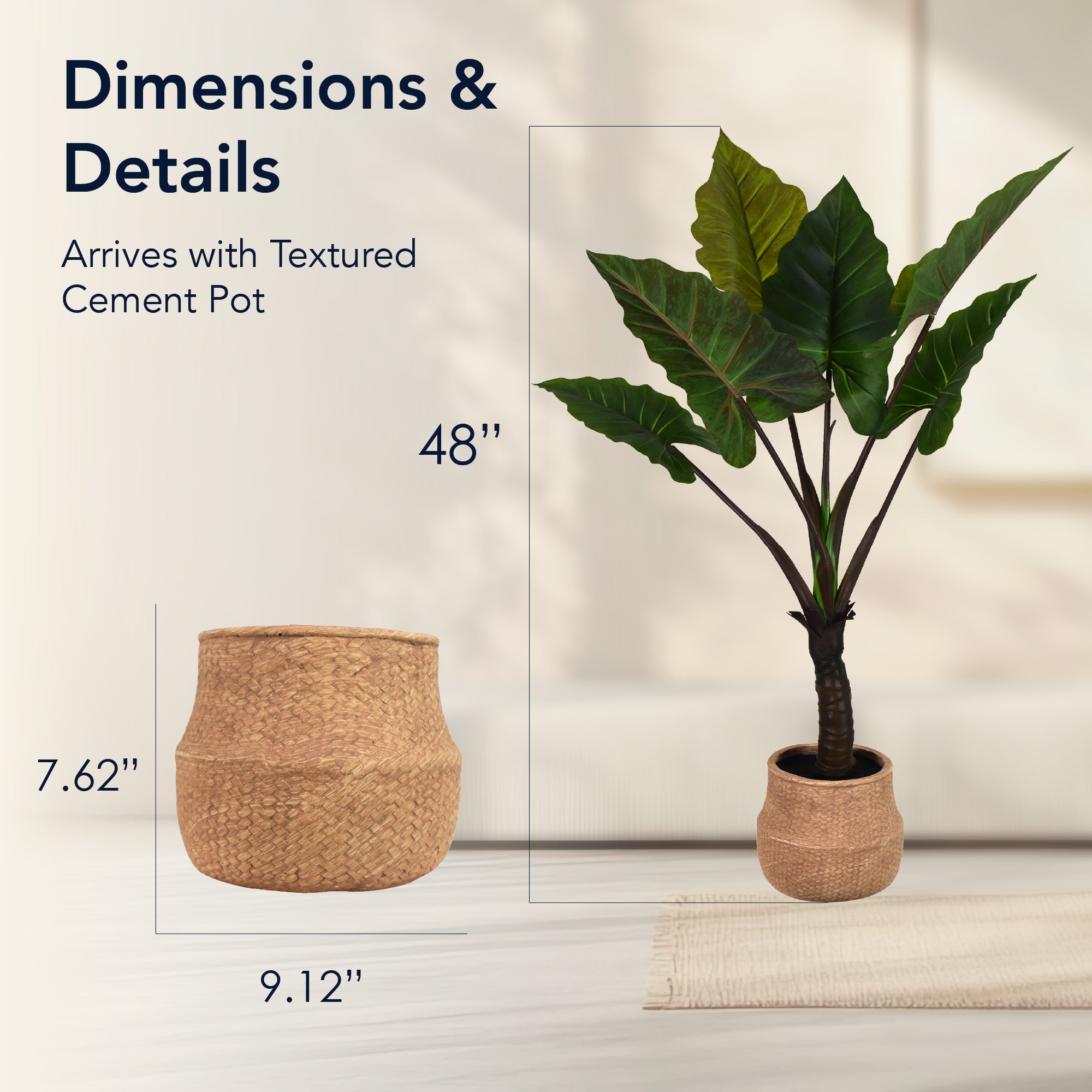 Artificial Rainbow Taro Tree in Cement Pot Faux Plant for Home or Office - 48