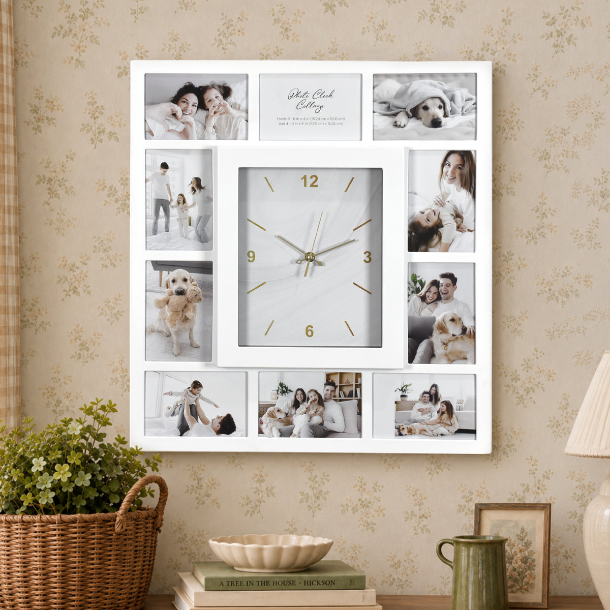Picture Frame Collage Wall Clock 10 Photo Display Slots White