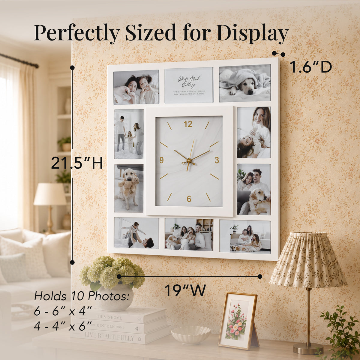 Picture Frame Collage Wall Clock 10 Photo Display Slots White