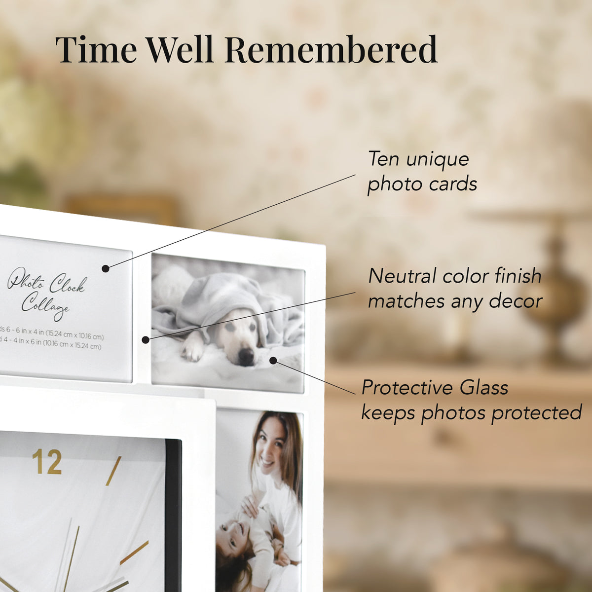 Picture Frame Collage Wall Clock 10 Photo Display Slots White
