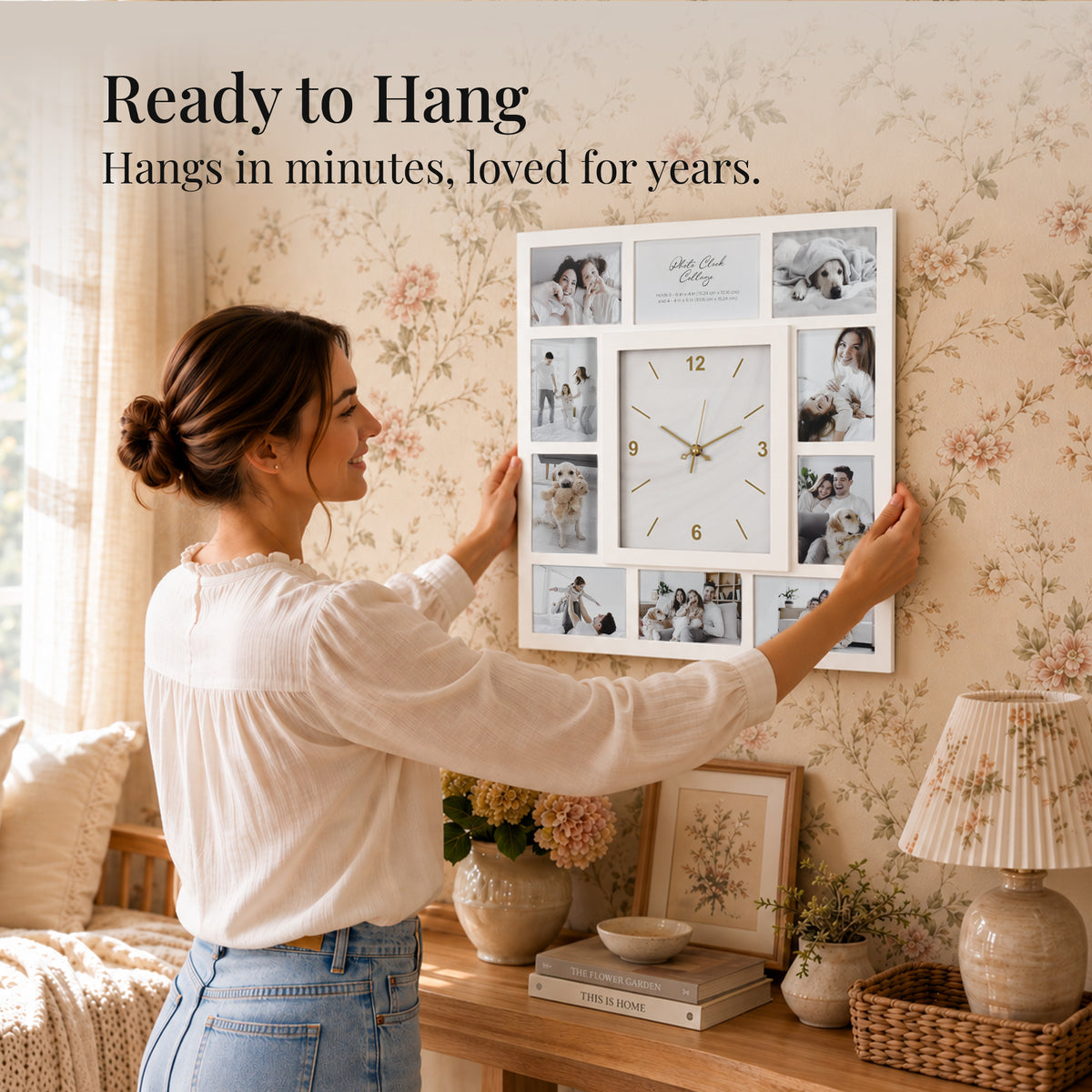 Picture Frame Collage Wall Clock 10 Photo Display Slots White