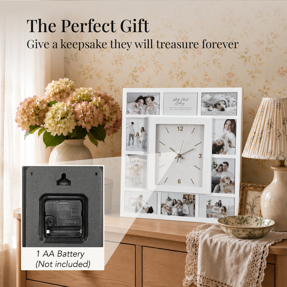 Picture Frame Collage Wall Clock 10 Photo Display Slots White