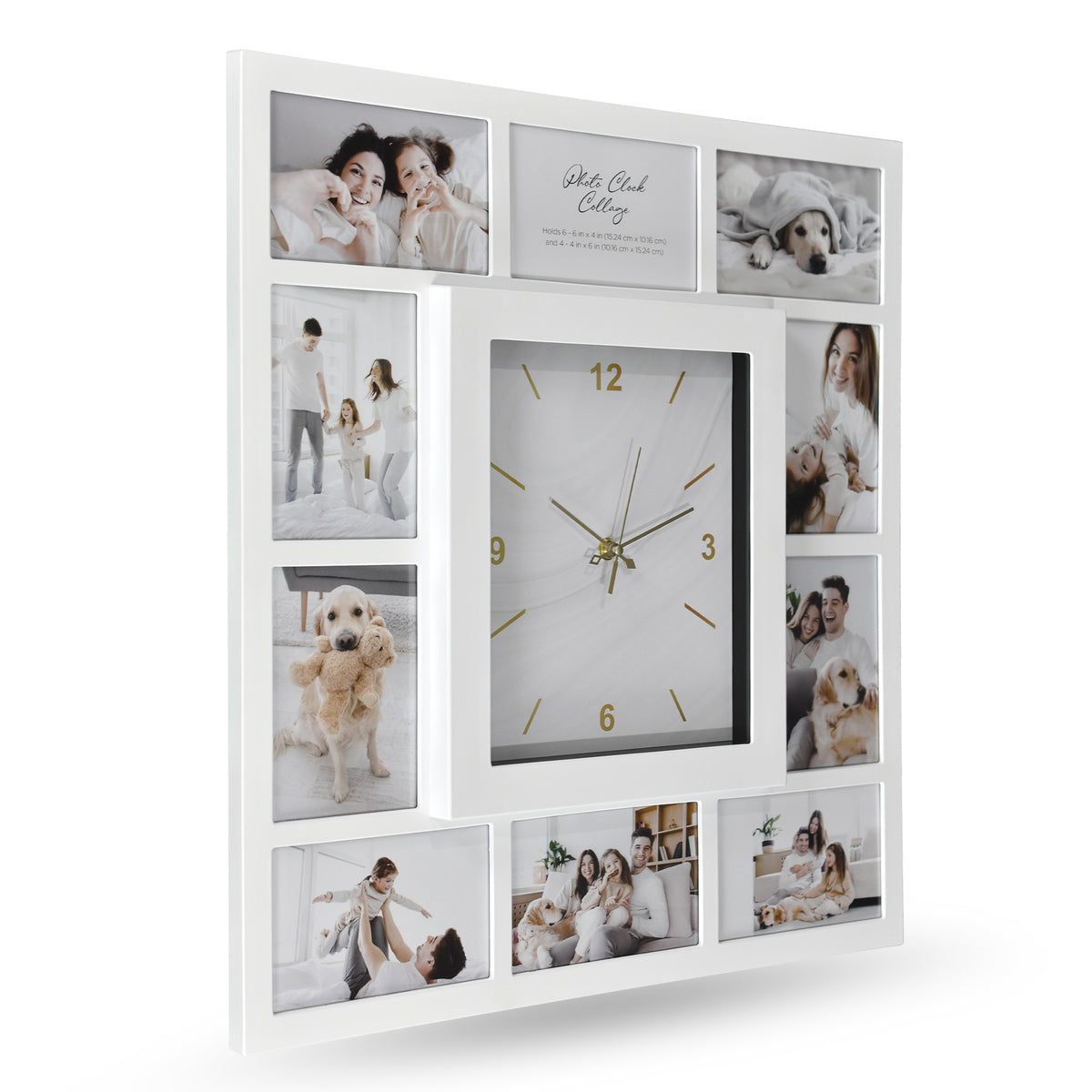 Picture Frame Collage Wall Clock 10 Photo Display Slots White