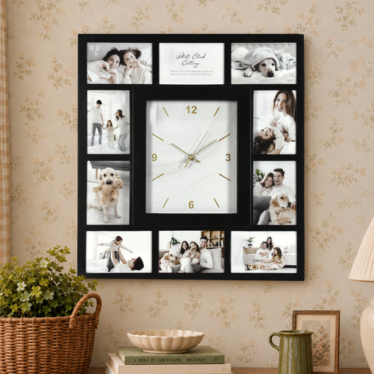 Picture Frame Collage Wall Clock 10 Photo Display Slots Black