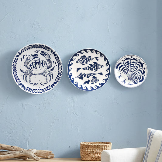 Blue & White Coastal Ceramic Wall Plate Set of 3