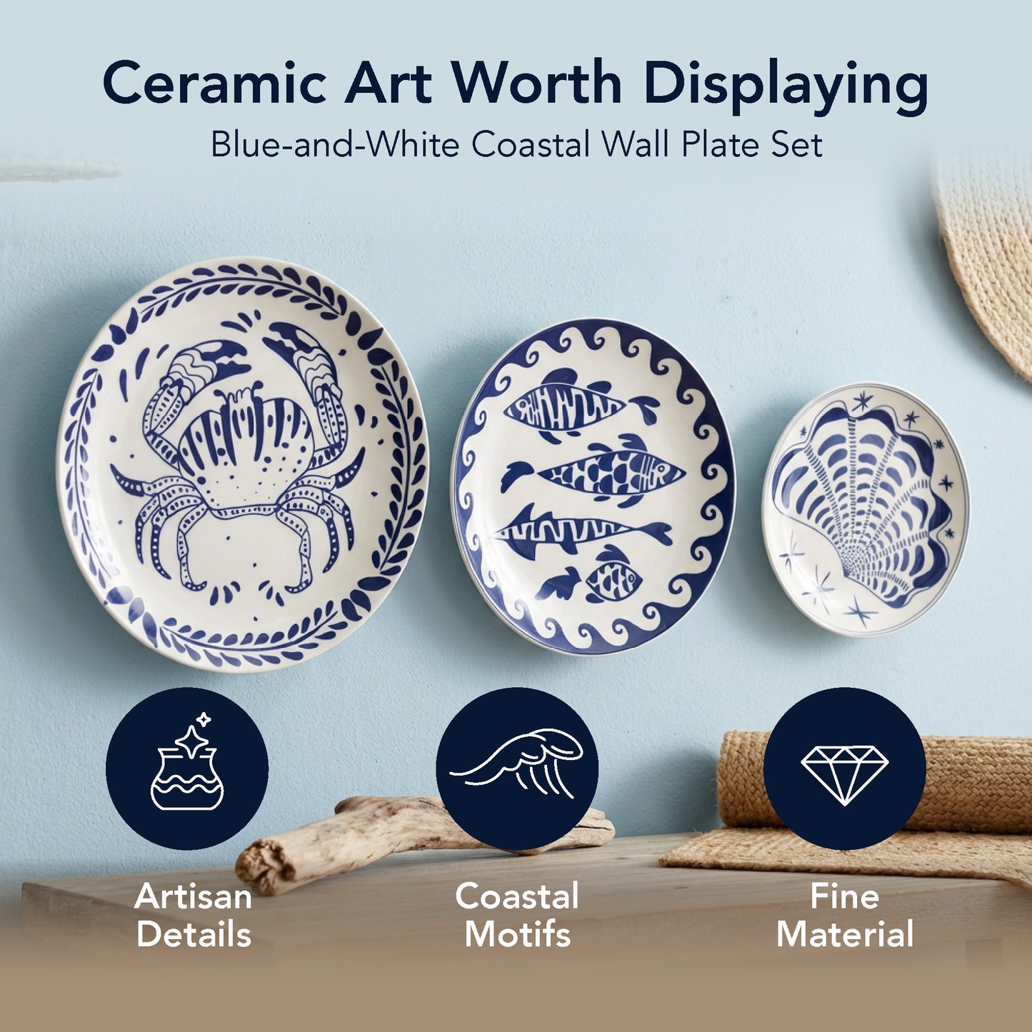 Blue & White Coastal Ceramic Wall Plate Set of 3