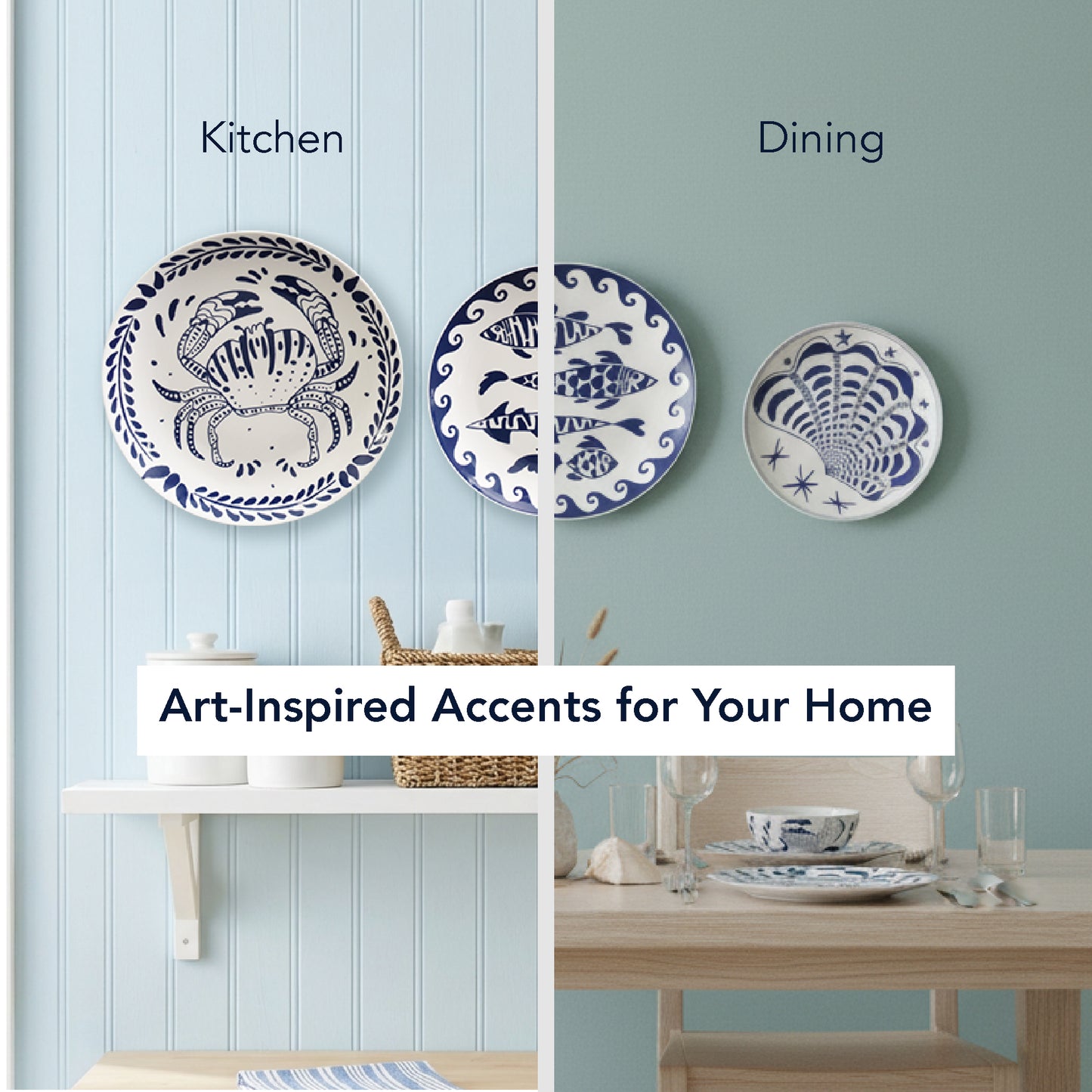 Blue & White Coastal Ceramic Wall Plate Set of 3