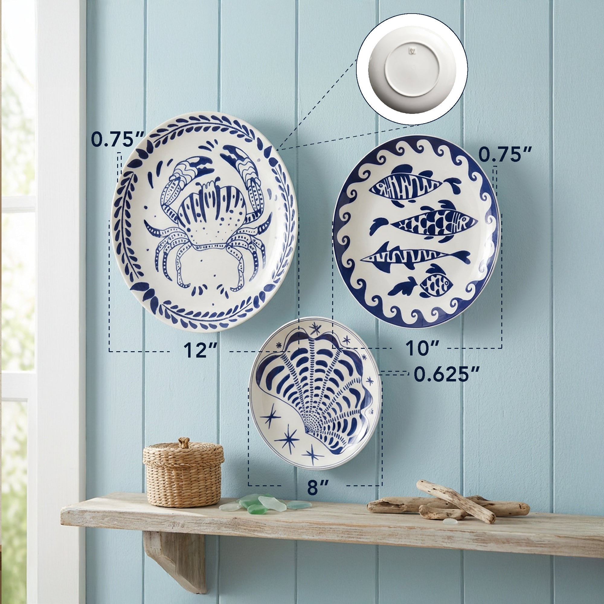 Blue & White Coastal Ceramic Wall Plate Set of 3