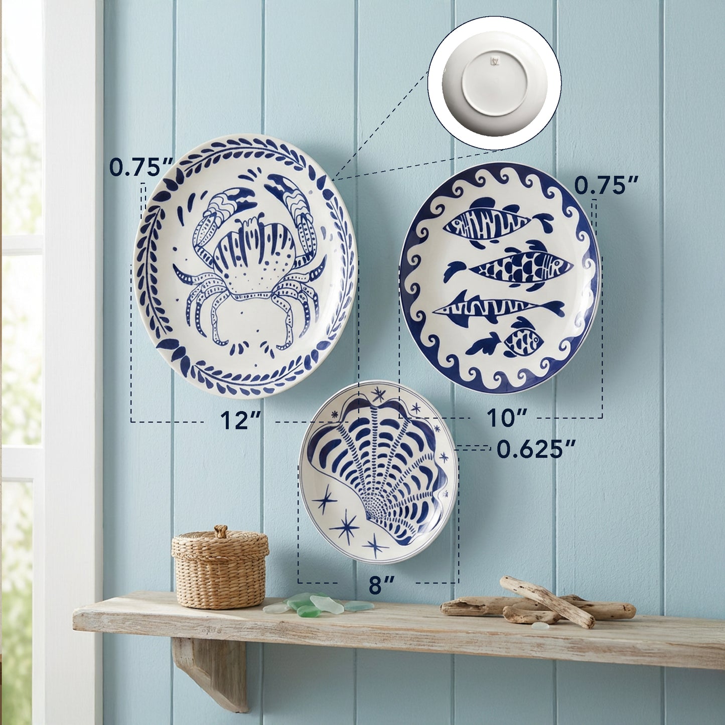 Blue & White Coastal Ceramic Wall Plate Set of 3