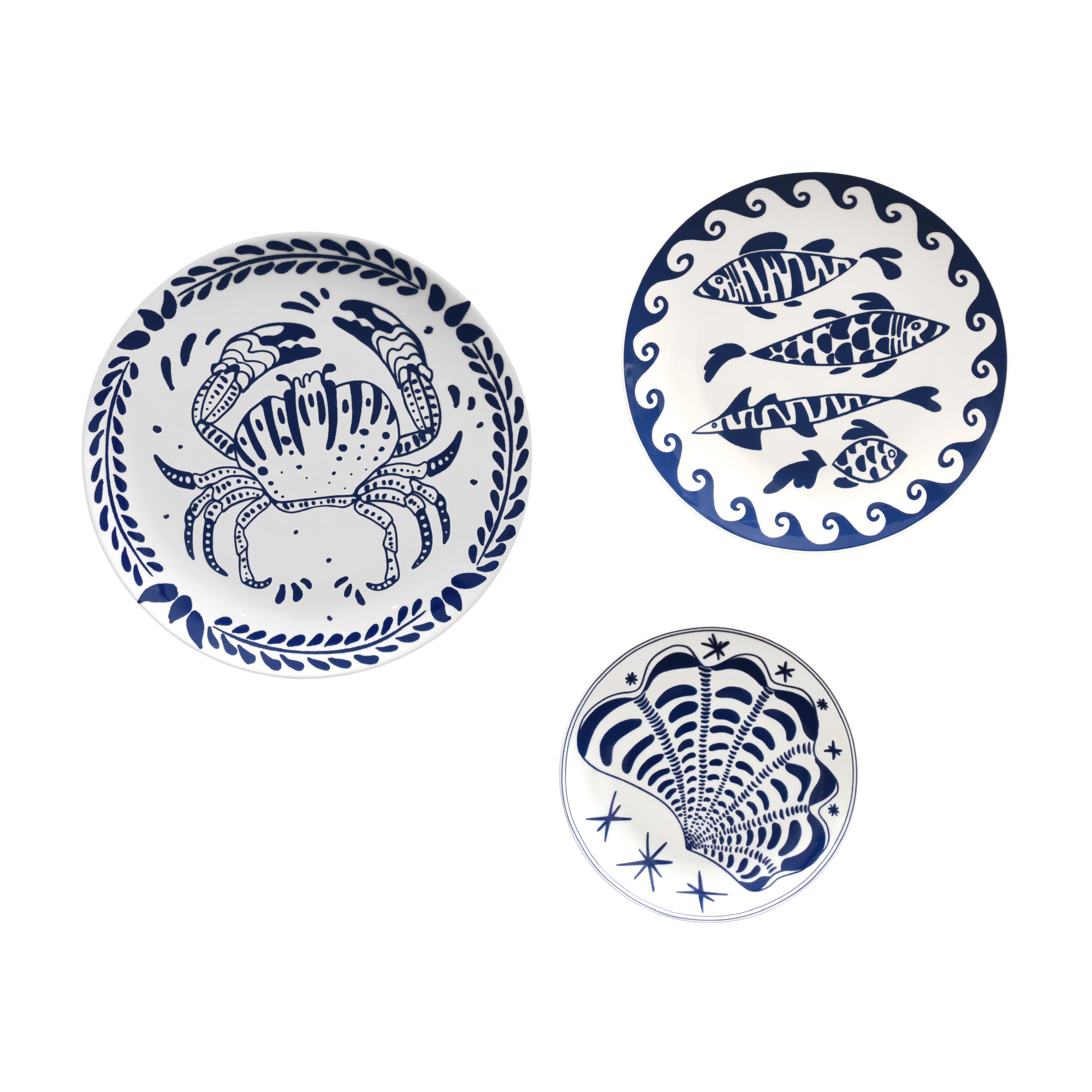 Blue & White Coastal Ceramic Wall Plate Set of 3