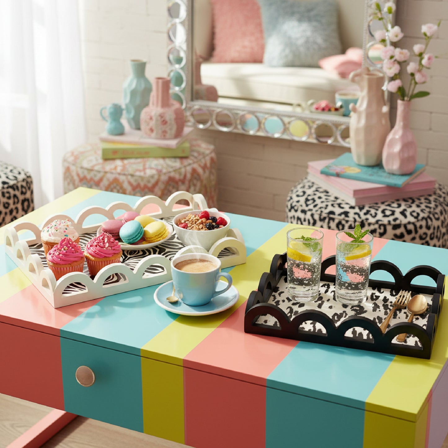 2-piece scalloped rectangle serving tray set with leopard and zebra print design, MDF decorative trays for serving food, drinks, charcuterie, and organizing coffee table or vanity