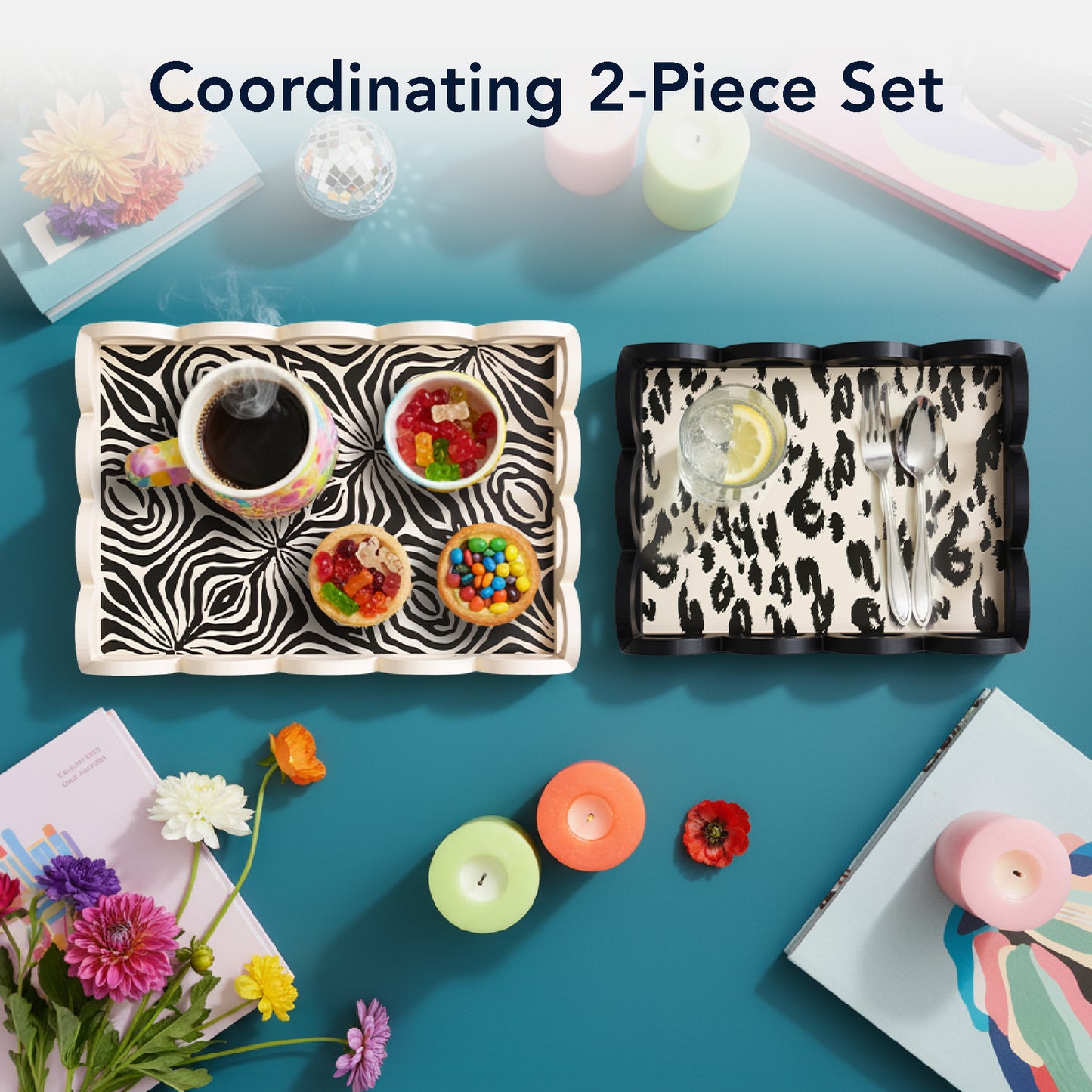 2-piece scalloped rectangle serving tray set with leopard and zebra print design, MDF decorative trays for serving food, drinks, charcuterie, and organizing coffee table or vanity