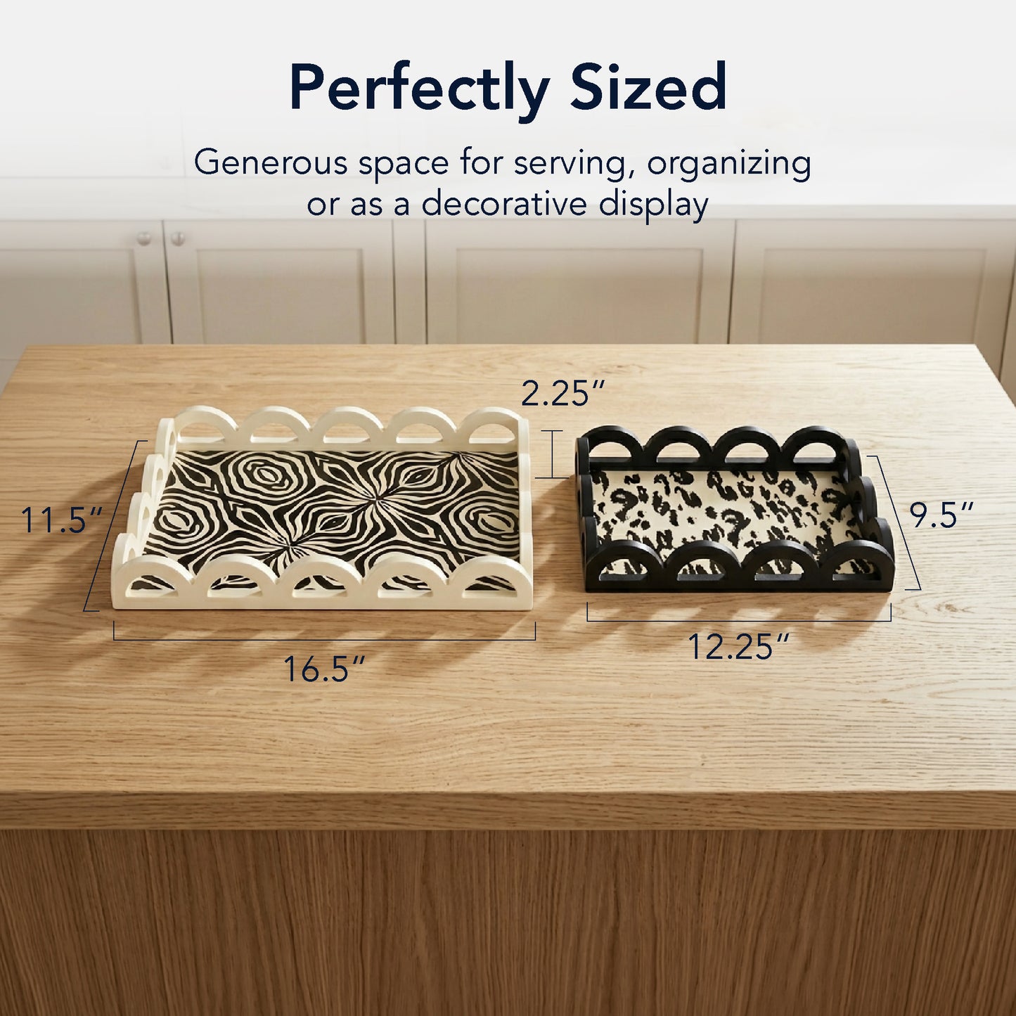 2-piece scalloped rectangle serving tray set with leopard and zebra print design, MDF decorative trays for serving food, drinks, charcuterie, and organizing coffee table or vanity