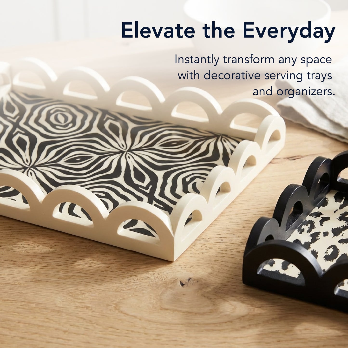 2-piece scalloped rectangle serving tray set with leopard and zebra print design, MDF decorative trays for serving food, drinks, charcuterie, and organizing coffee table or vanity