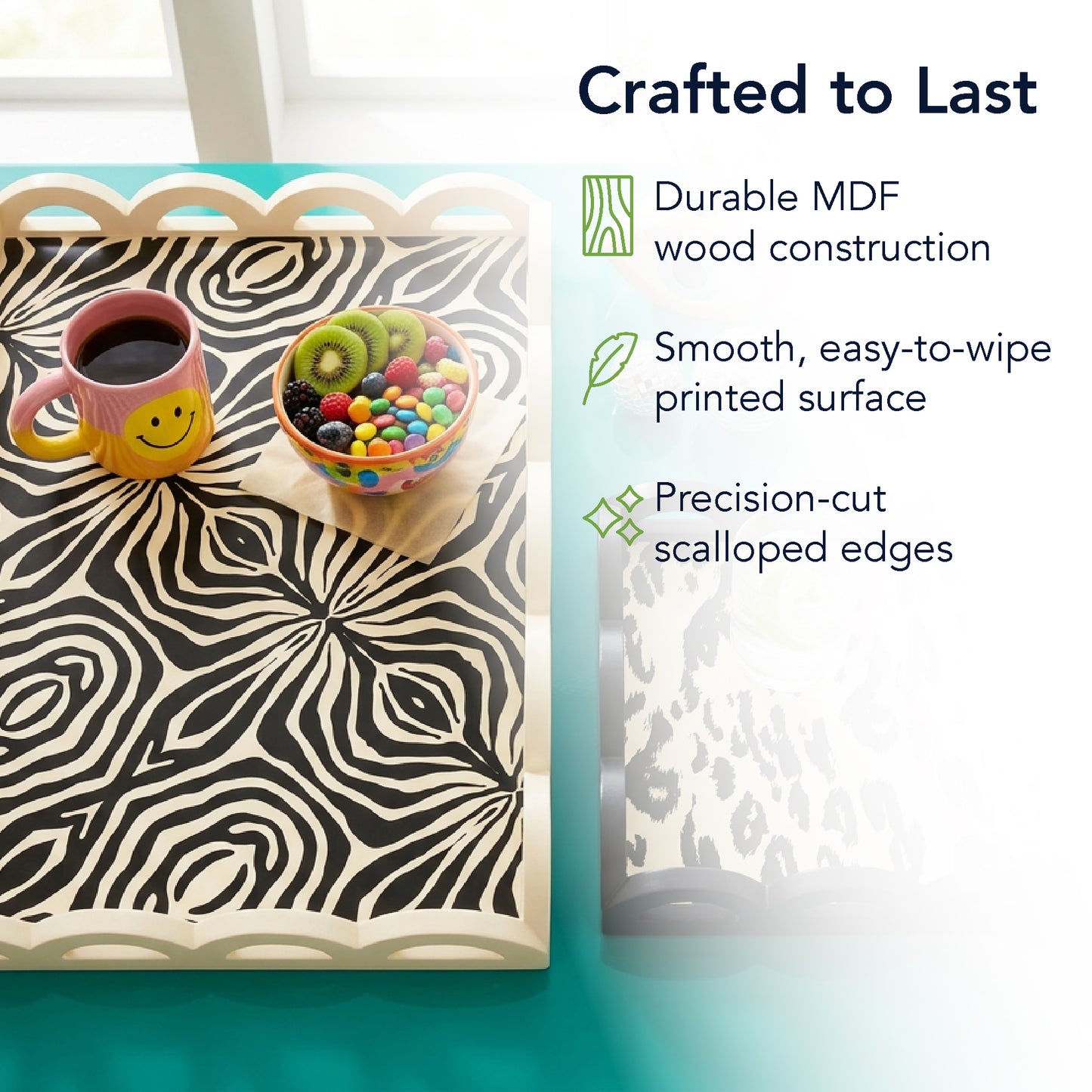 2-piece scalloped rectangle serving tray set with leopard and zebra print design, MDF decorative trays for serving food, drinks, charcuterie, and organizing coffee table or vanity